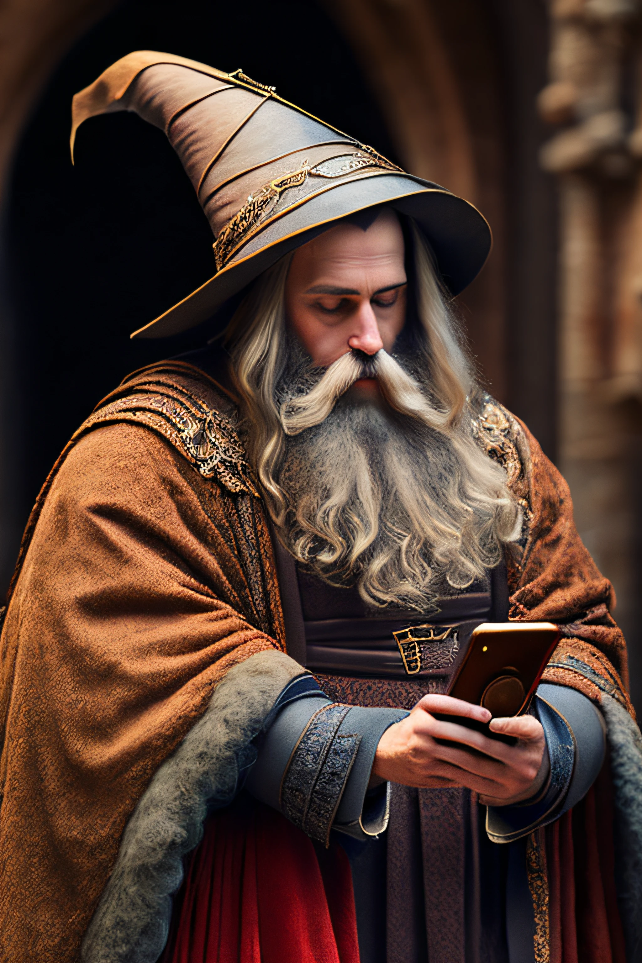 Imagine um bruxo medieval barbudo e velho, with a pointed wizard's hat and wearing an old dressing gown, este mago deve estar segurando um smartphone e apontando este smartphone para a tela
