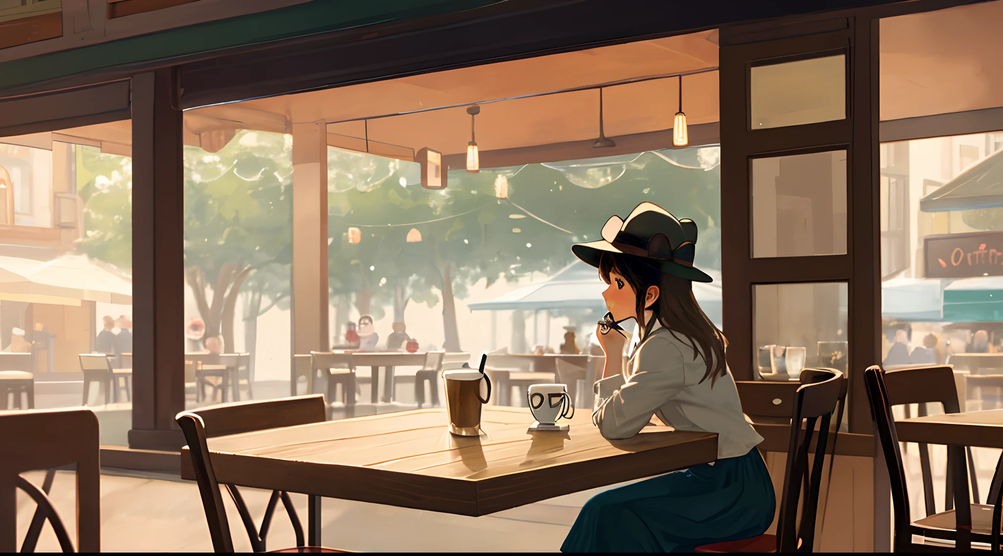 mouse sitting at a table alone drinking coffee and wearing a fedora