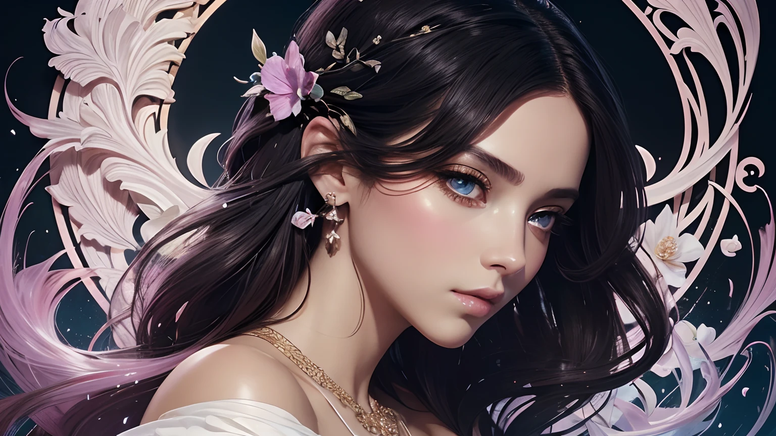 ((hermosa princesa)), (con cabello largo y blanco), (ojos brillantes y hermosos), tendencia en Art Station, flor de esperanza por Jean-Honor Fragonard, Peter mohrbacher, super detailed, detalles locos, Stunning Sophisticated Art Nouveau Ornate Liquid Wax Elegant Luxurious Greg Runkowski Ink Style Sticker Vector Art Beautiful Character Design Double Exposure Shot Luminous Design, entrada ganadora, obra maestra, fondo negro AMOLED