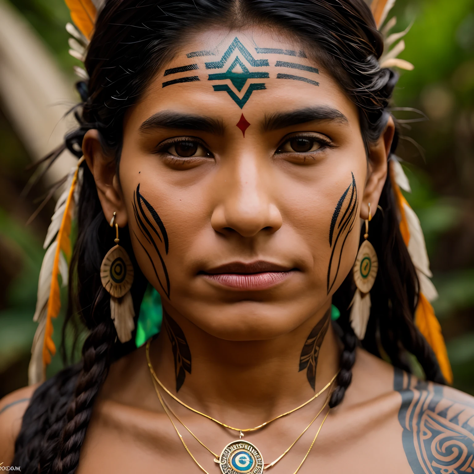 Cinematic and hyper realistic photo of a man, Indian shaman in trance in a connection with the spirit world. 
wearing a seed necklace with indigenous tattoos on her face and body. Dentro de uma  oca indigena adornada com tambores e maracas.

xamanismo, Detalhes claros da ayahuasca.
detailedfacialfeatures, 8k, disco Rigido