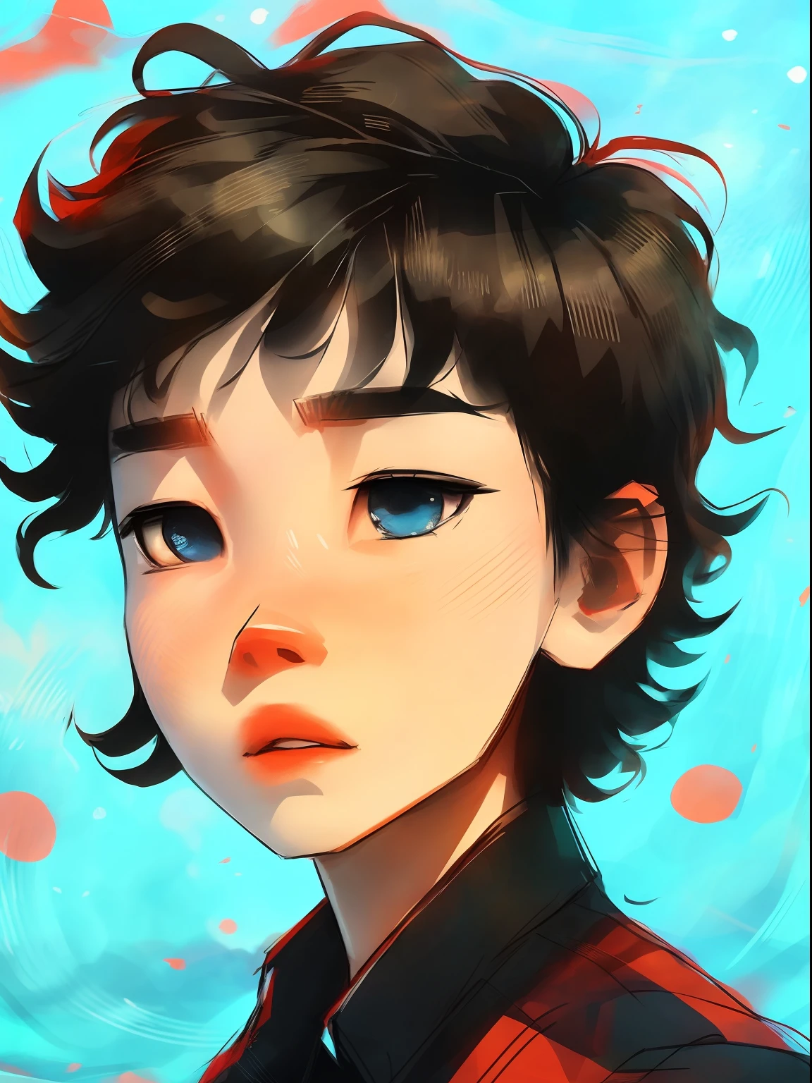 SamDoesArt, splash art, (intricate detail), ((())), hazel jewel-like eyes, floating black hair, medium wavy hair, blue and red plaid shirt, ocean background