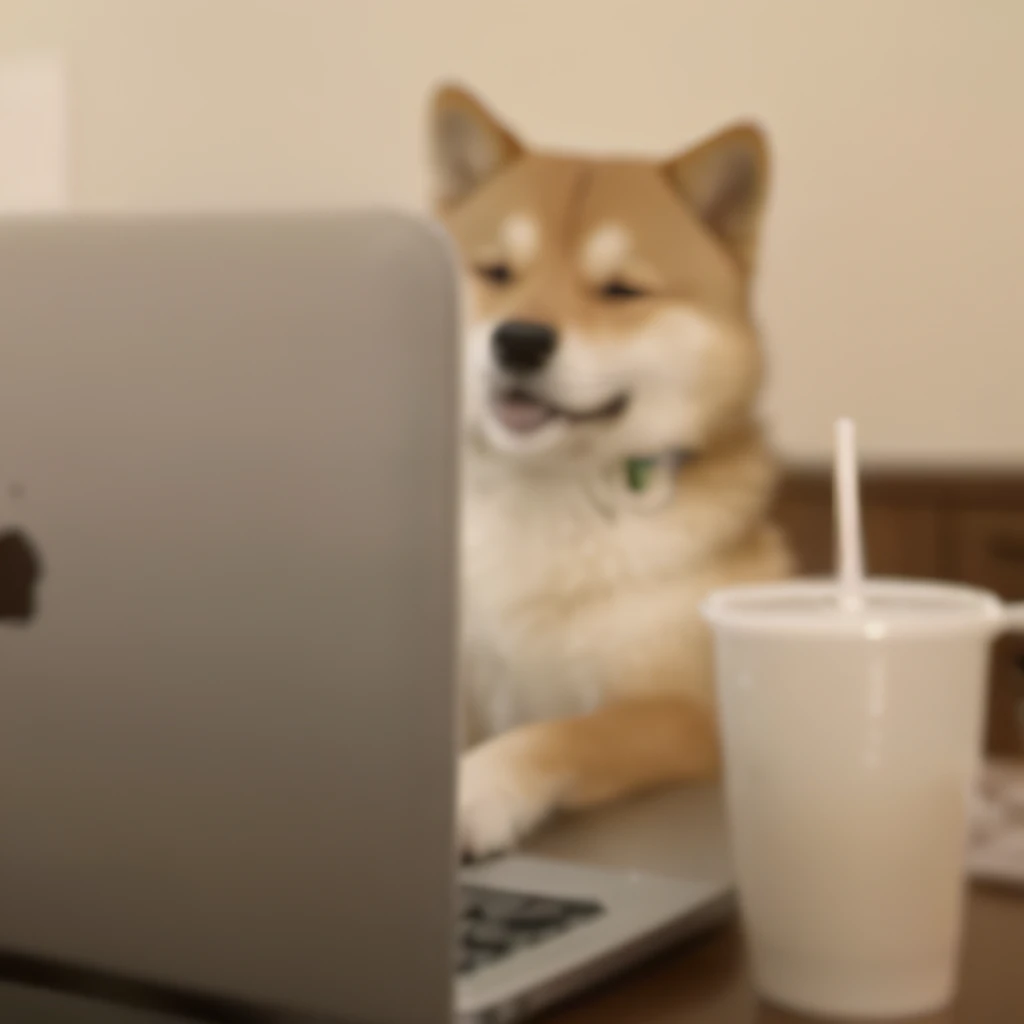 There is a dog sitting at a desk at the office, shibu inu, governor, Anthropomorphic Shiba Inu, Shiba dog, sitting in front of the computer, japanese dog, in front of a computer, doge meme, inspired by Shiba Kōkan, shiba inu portrait, having a snack, focus on the dog face