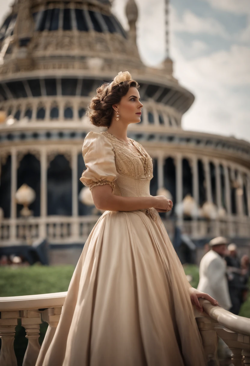 Ranavalona III at the 1900 World's Fair in Paris. Image en couleur. She is amazed by the innovations and wears an elegant dress. The background shows different pavilions of the exhibition. Image Quality : 4K.