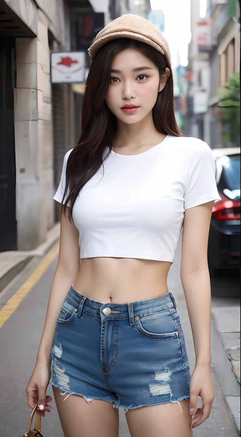 ((Best Quality, 8K, Masterpiece: 1.3)), (Flower Cap: 1.3), Focus: 1.2, Perfect Body Beauty: 1.4, Buttocks: 1.2, (Layered Haircut: 1.2)), (Dark Street: 1.3), Highly Detailed Face and Skin Texture, Full Body, Delicate Eyes, Double Eyelids, Whitened Skin, Long Hair, (Round Face: 1.5), (Loose Crop Top, Shorts: 1.6)