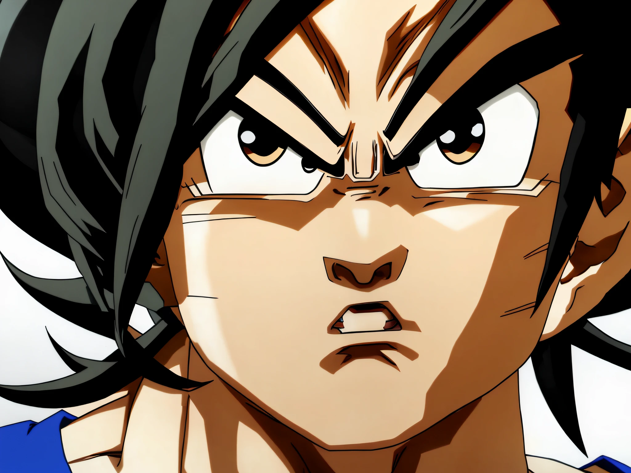 dbsuper style, black hair, long hair, furrowed brow, dilated pupils, clenched teeth, angry, scowl, anime, UHD, high details, wide shot