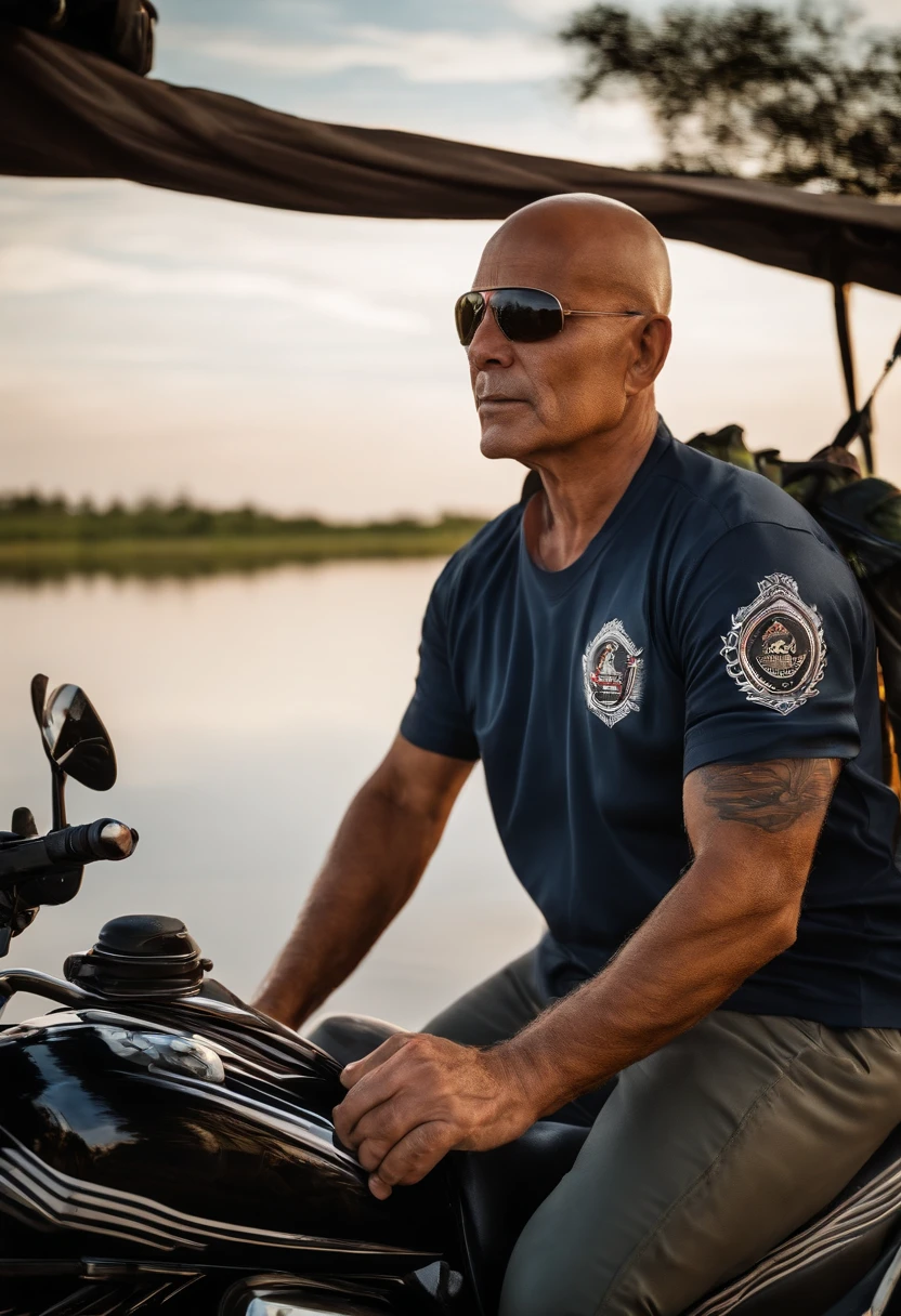 Bald motorcyclist from Goiás fishing in the Pantanal with Corinthians team shirt