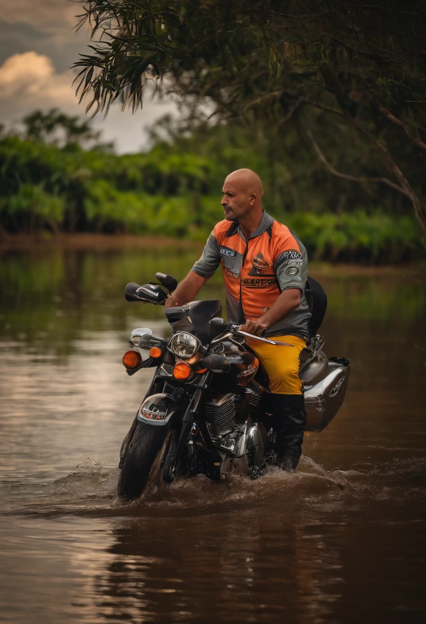 Bald motorcyclist from Goiás fishing in the Pantanal with Corinthians team shirt