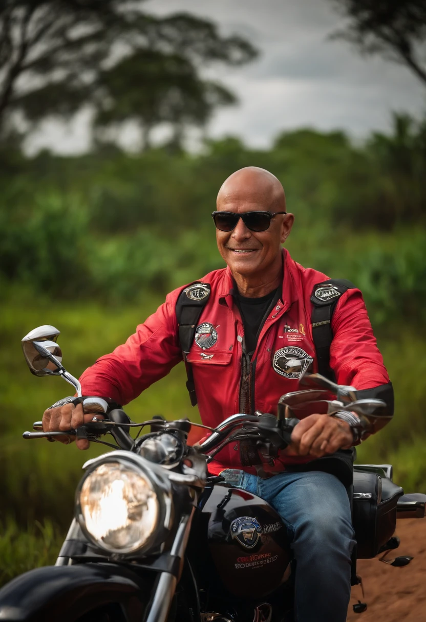 Bald motorcyclist from Goiás fishing in the Pantanal with Corinthians team shirt