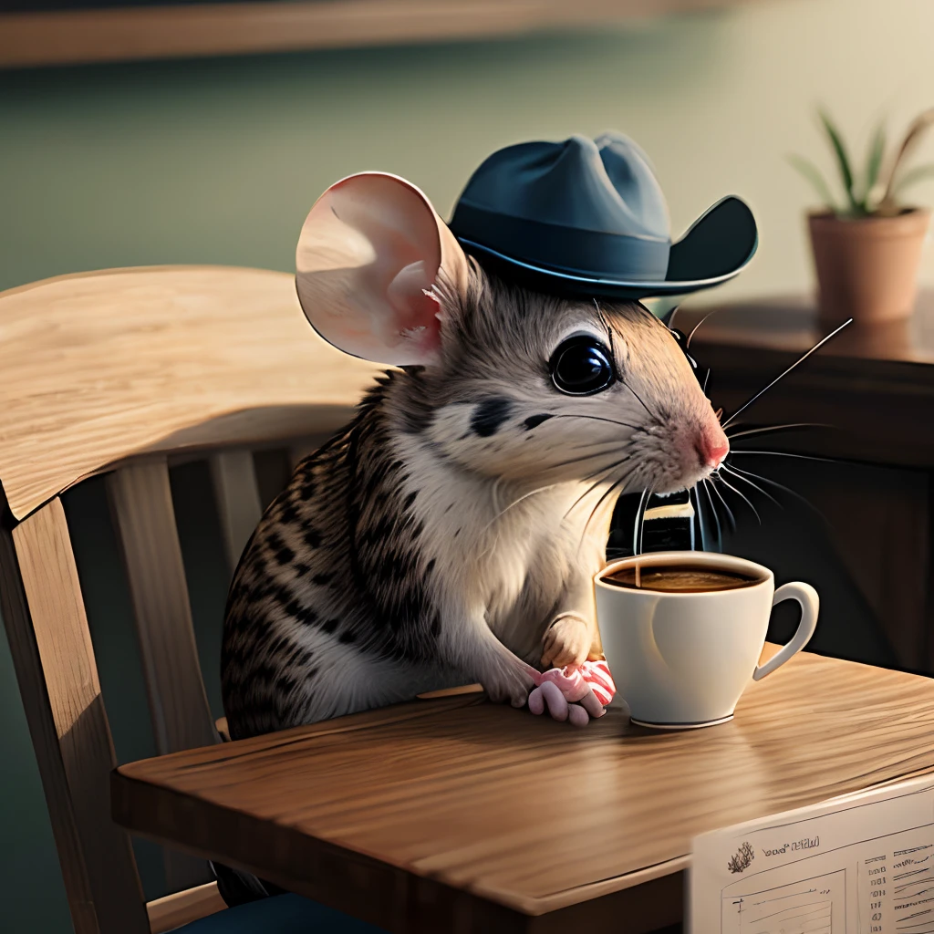 realistic mouse sitting at a tiny table alone drinking coffee and wearing a fedora