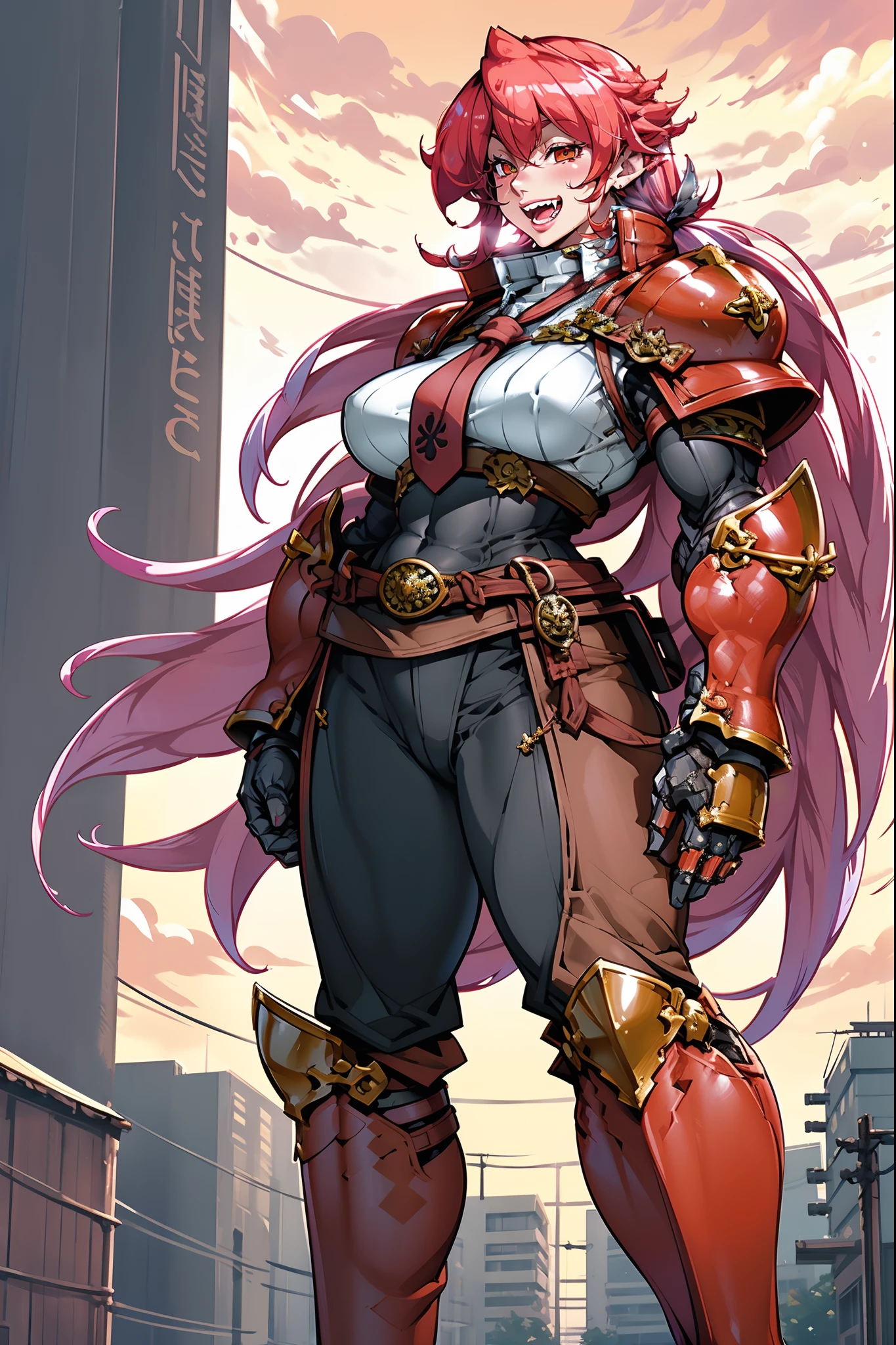 tomboy, warrior, berserker, tall female, muscular female, living hair, sauvage,, medieval clothing, fantasy, fantasy weapon, huge breasts, barbarian pants, , combat boots, armor, red hair, crazy smile, open mouth, biceps, necktie, thick arms,pullover, solo focus, long hair, , crazy smile, long hair, pants, noble cloths, noble clothing, french cloths, very long hair, BOOTS, full body, pink lips, hime cut