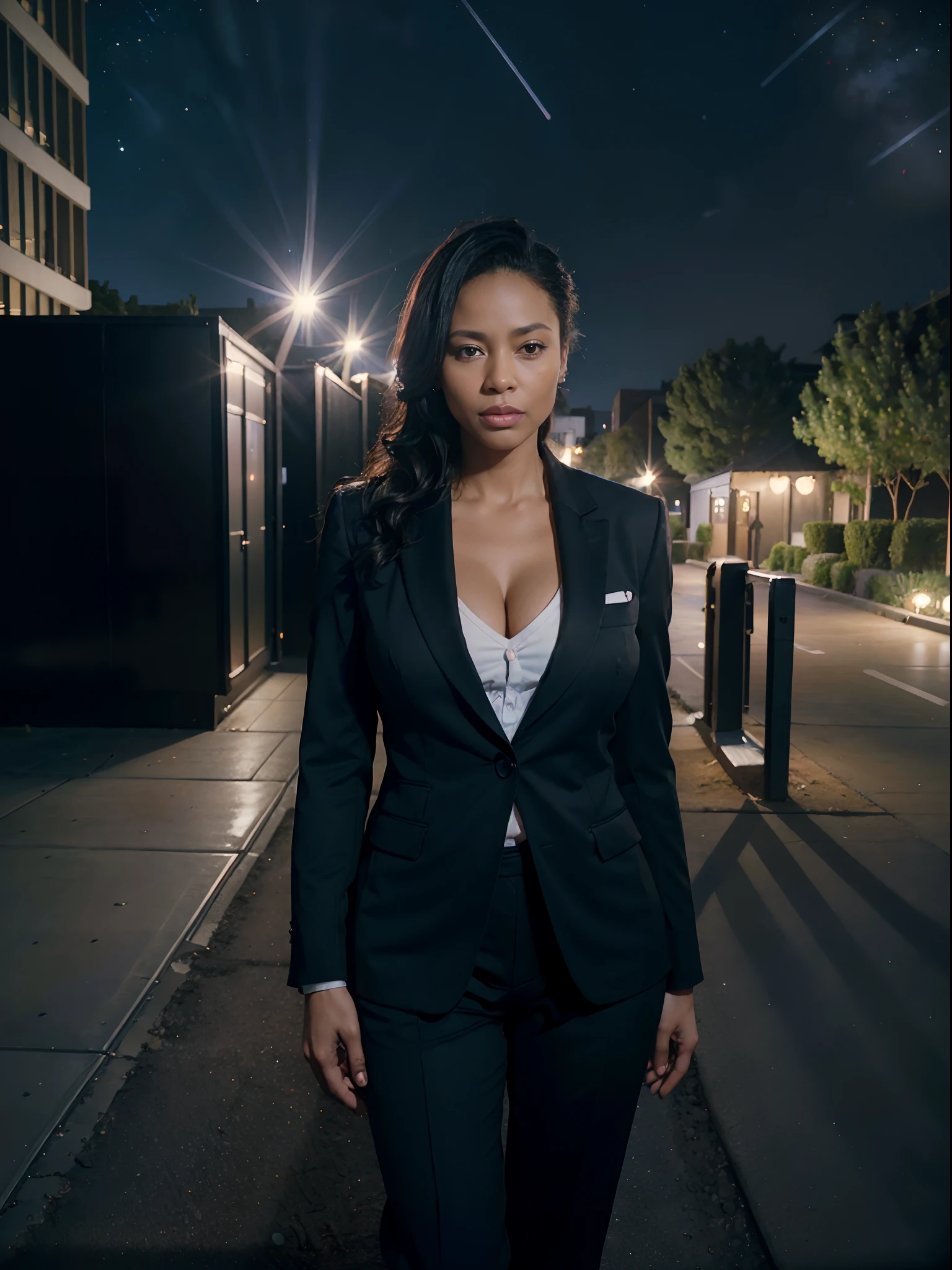40 years old, woman, black business Suit, cleavage, outdoor, building in background, ((rim light)), starry night sky, ((top quality, 8k, masterpiece: 1.3)), (8k, RAW photo, best quality, masterpiece:1.2), (realistic, photo-realistic:1.37),