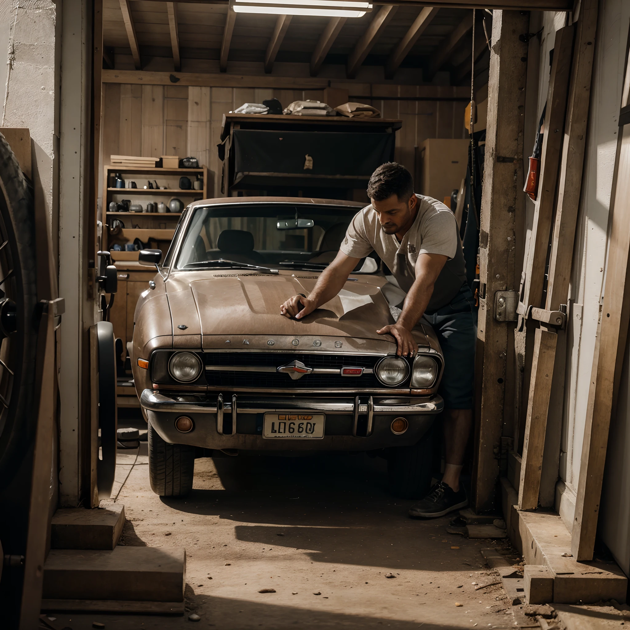 A man cahnges the wheel on the car in workshop, full body, best quality, super detailed, high resolution, very detailed, 8k uhd, realistic, (natural light), amazing, fine detail, best, high quality, RAW photo