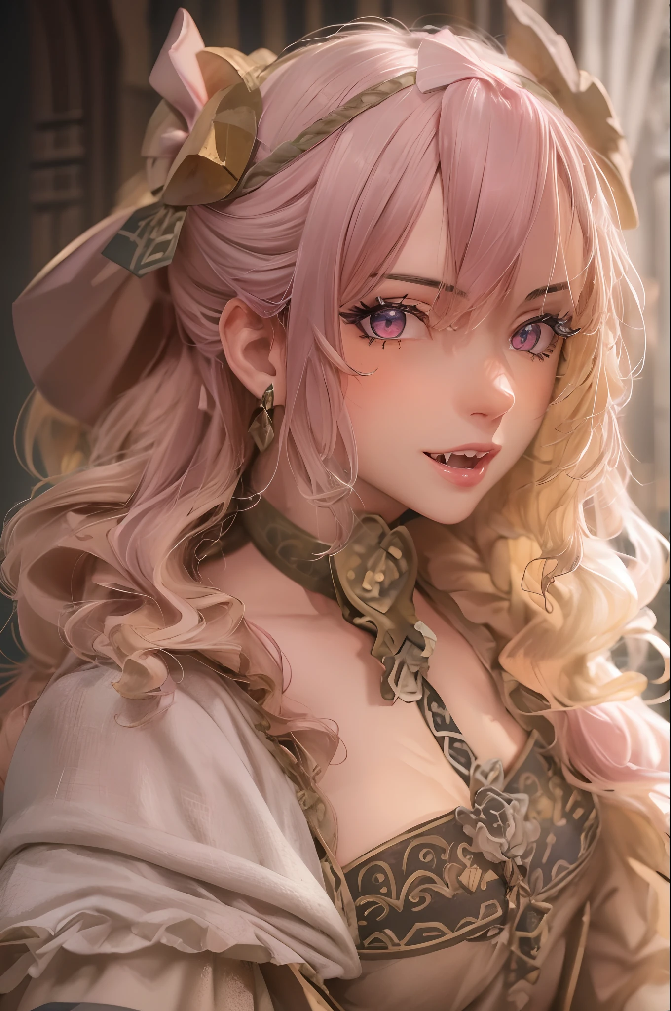 (best quality,4k,highres,masterpiece:1.2),ultra-detailed,,physically-based rendering, HDR,studio lighting,portrait,pink toned,soft lighting,woman in medieval clothes,1 girl,pink eyes,beautiful detailed eyes,beautiful detailed lips,long eyelashes,smile,open mouth,fangs,indoors,woman in medieval clothes,solo,full body,standing posture,holding a sword,medium breast size,boots,skirt