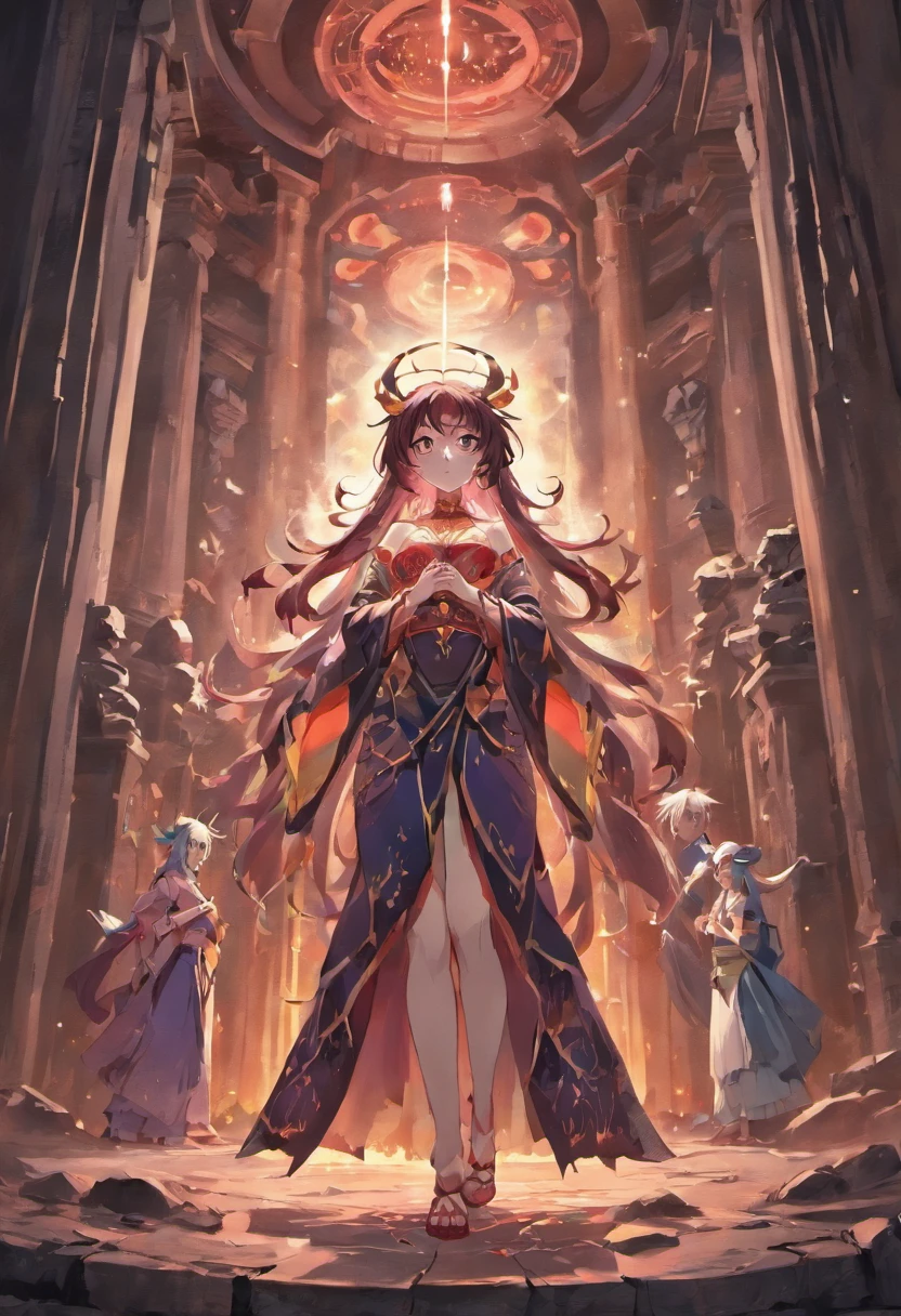 (masterpiece, best quality, high resolution)A congregation of fanatic followers performing a dark ritual in an ancient temple, as a cosmic entity begins to manifest through rifts in the fabric of reality. (NSFW), ripped cloth, boobs, nipple