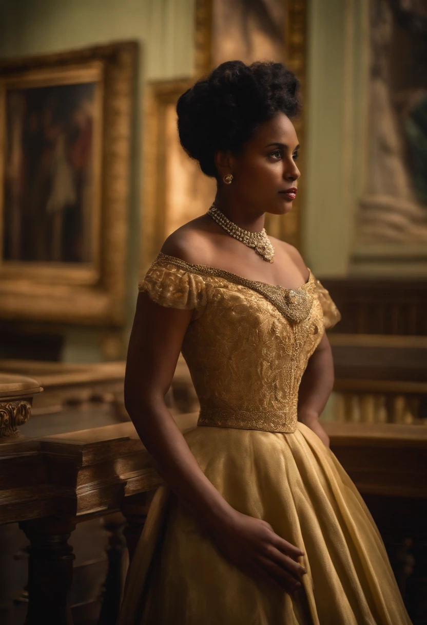 Ranavalona III , Reine de Madagascar, in a museum in 1900, at the 1900 Universal Exhibition in Paris. Image en couleur. She is amazed by the innovations and wears an elegant dress. Image Quality : 4K.