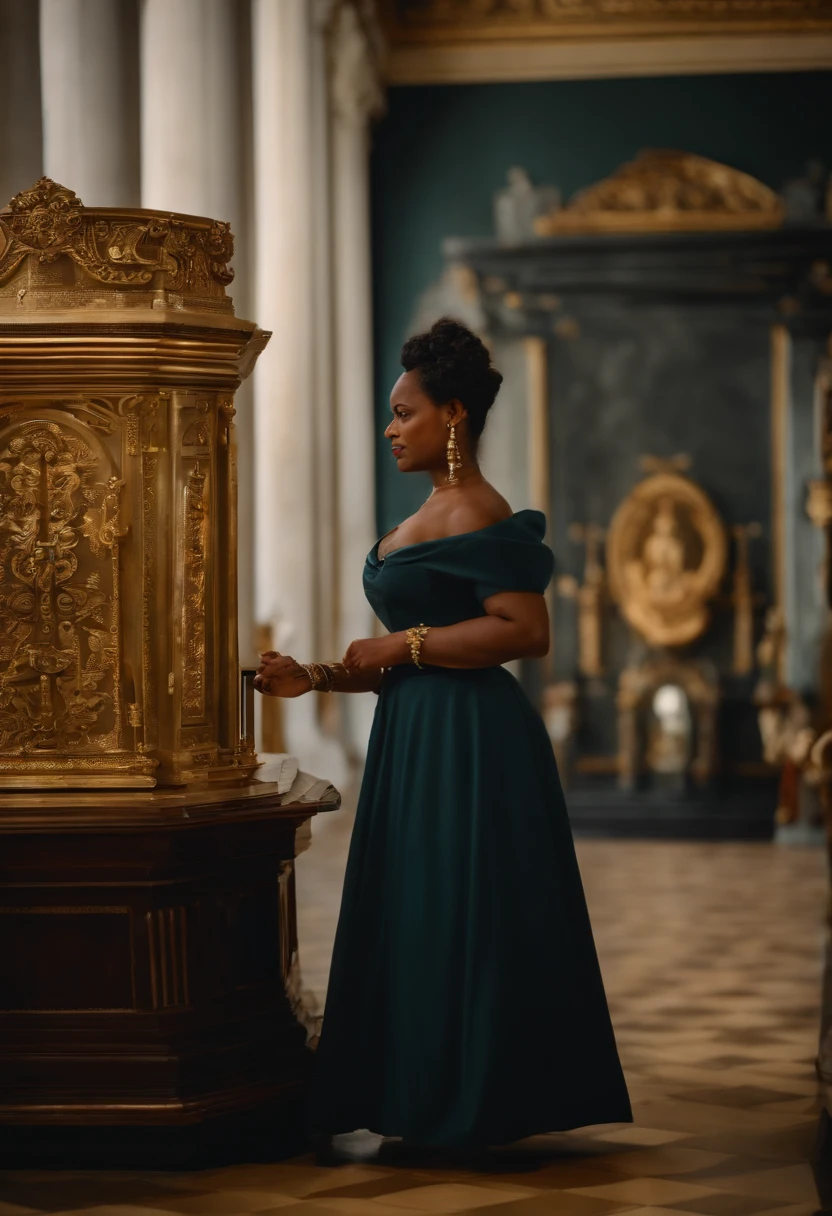 Ranavalona III , Reine de Madagascar, in a museum in 1900, at the 1900 Universal Exhibition in Paris. Image en couleur. She is amazed by the innovations and wears an elegant dress. Image Quality : 4K.