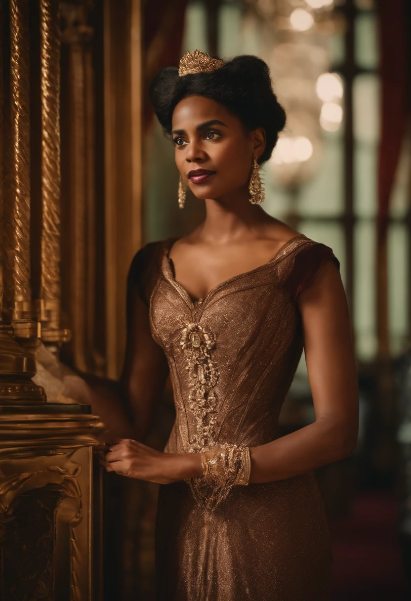 Ranavalona III , Reine de Madagascar, in a museum in 1900, at the 1900 Universal Exhibition in Paris. Image en couleur. She is amazed by the innovations and wears an elegant dress. Image Quality : 4K.