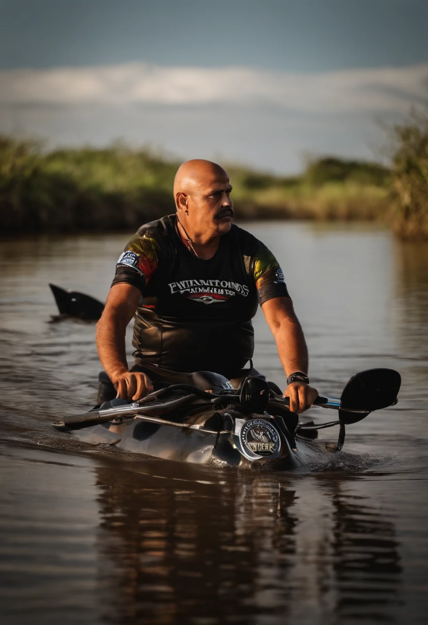 Bald and Fat Biker from Goiás fishing in the Pantanal with Corinthians team shirt