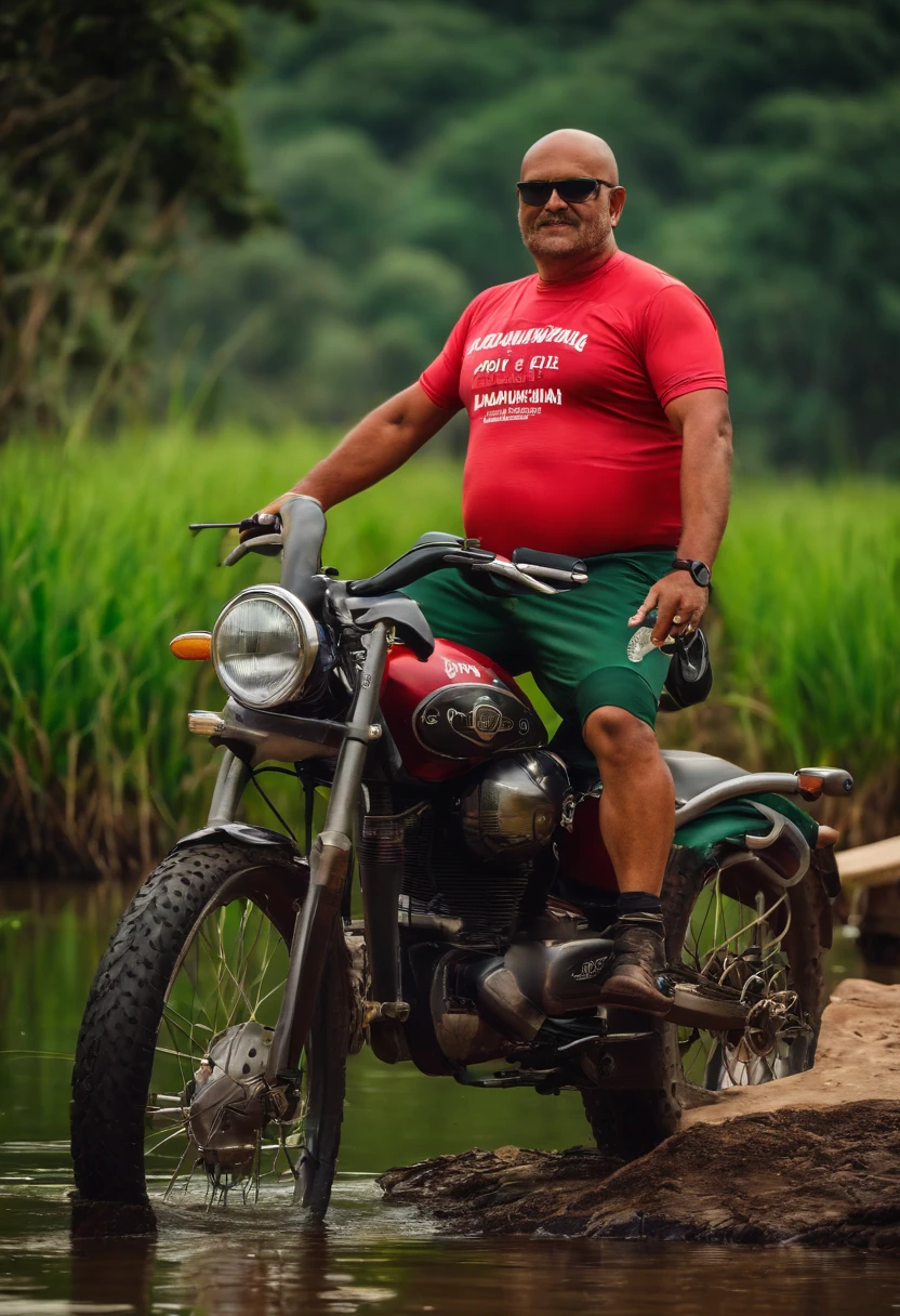 Bald and Fat Biker from Goiás fishing in the Pantanal with Corinthians team shirt
