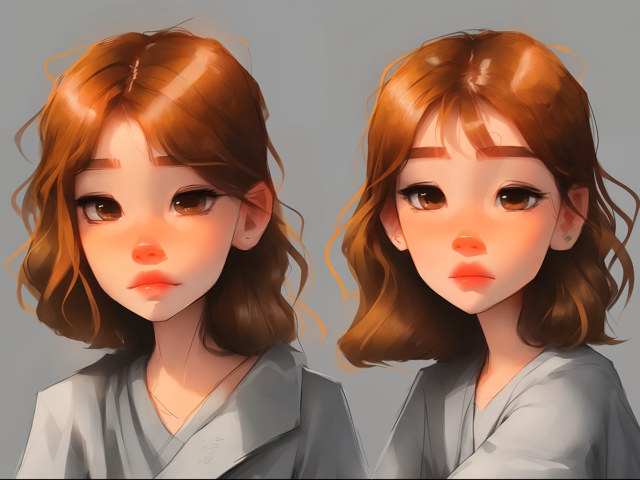 ginger girl, short wavy hair, grey eyes, cute sad face, samdoesart
