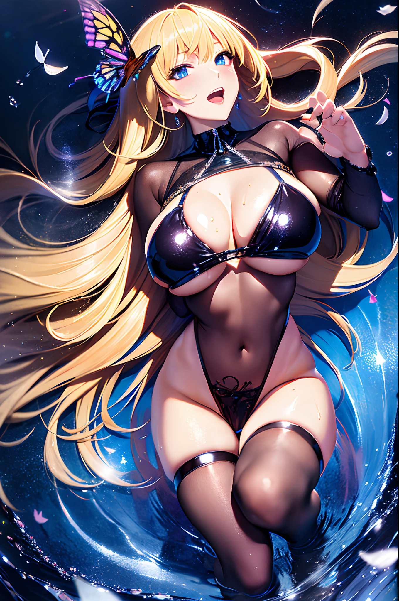 ((masutepiece)), Best Quality, Super Detail, HDTV, Highly detailed CG unified 8K wallpaper, Perfect Anatomy, Detailed hand, ((((High angle)))), (One woman with big breasts with sexy charm), (( In shallow water, grabbing on breasts)), (( grabbing on breasts))), Beautiful butterflies are flying, (((Pubic hair)), ((Full body)), (Blonde hair), Ponytail, (dynamic compositions), High definition beauty face, (Eye of Detail: 1.4), (Beautiful blue eyes like sapphires), (Open mouth), (Wet body)), Shiny skin, Fine-grained skin, Fine-grained hair, Cowboy Shot, Large background, (Butterflies flying around a woman),By the pond, (Starry sky), forest, Pillar of Light, water lily, mosses, crystal clear clean water, Moonlight, Glitter, ( Midnight, Dark)))