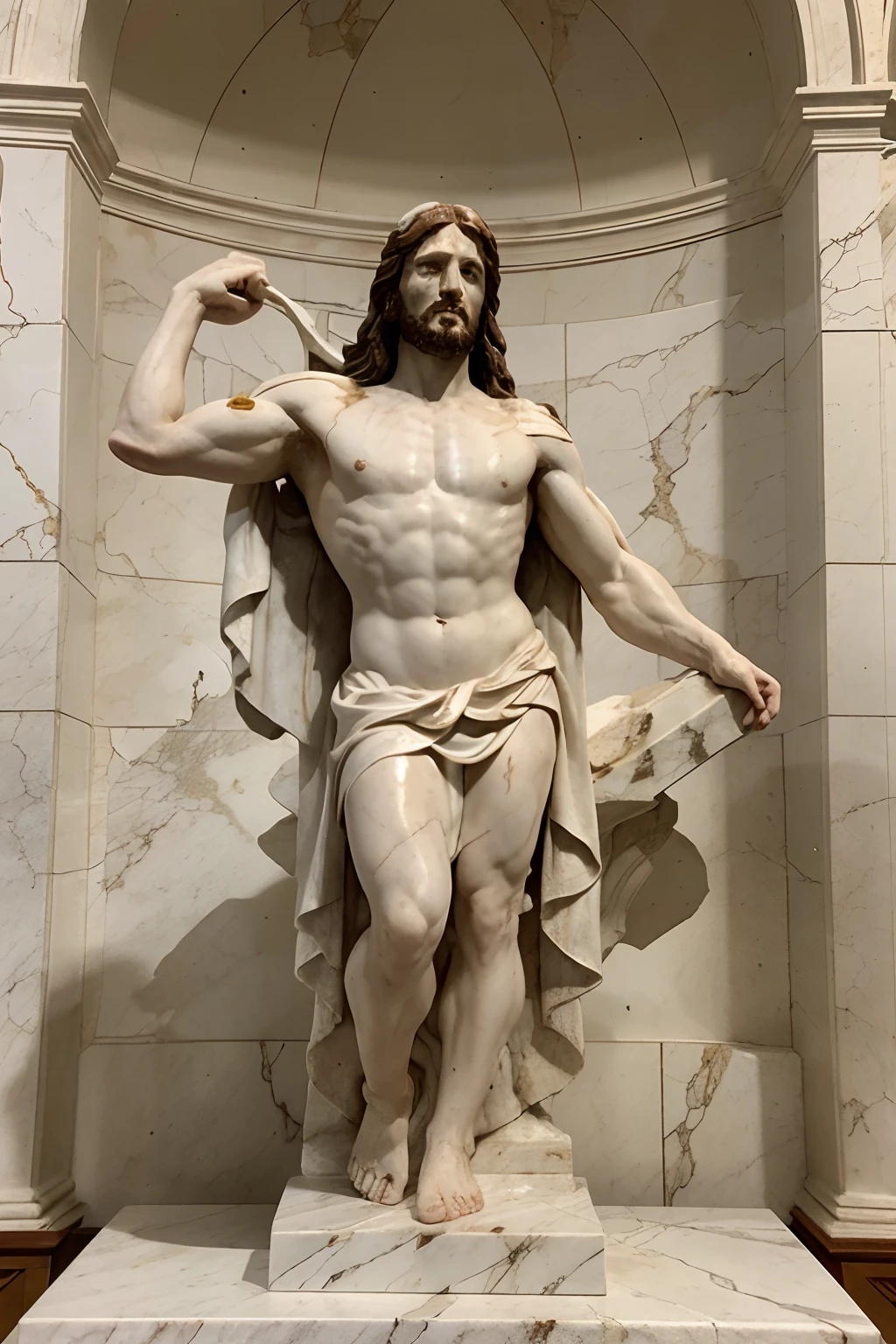 A white marble sculpture with cracks and stains, michaelangelo style, nacimiento de Jesus Cristo, classical realism, cuerpo completo