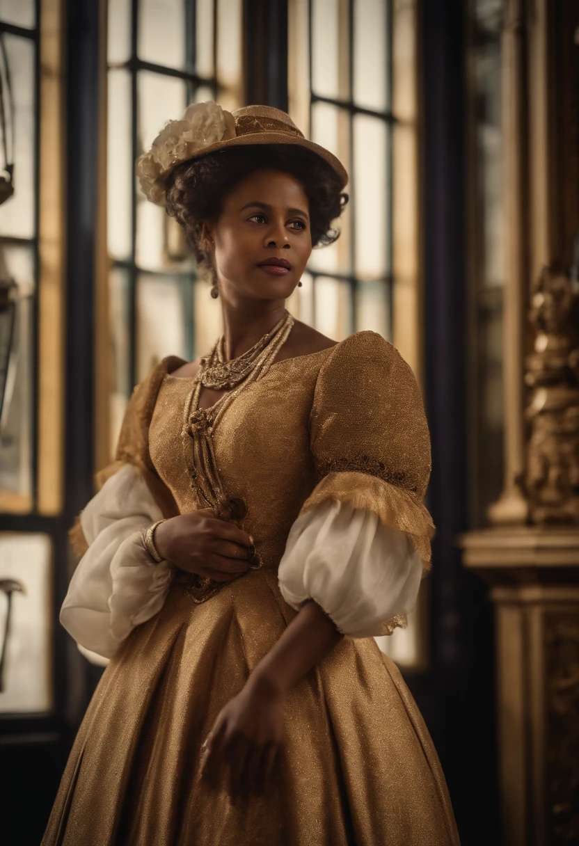 Ranavalona III , Reine de Madagascar, in a museum in 1900, at the 1900 Universal Exhibition in Paris. Image en couleur. She is amazed by the innovations and wears an elegant dress. Image Quality : 4K.