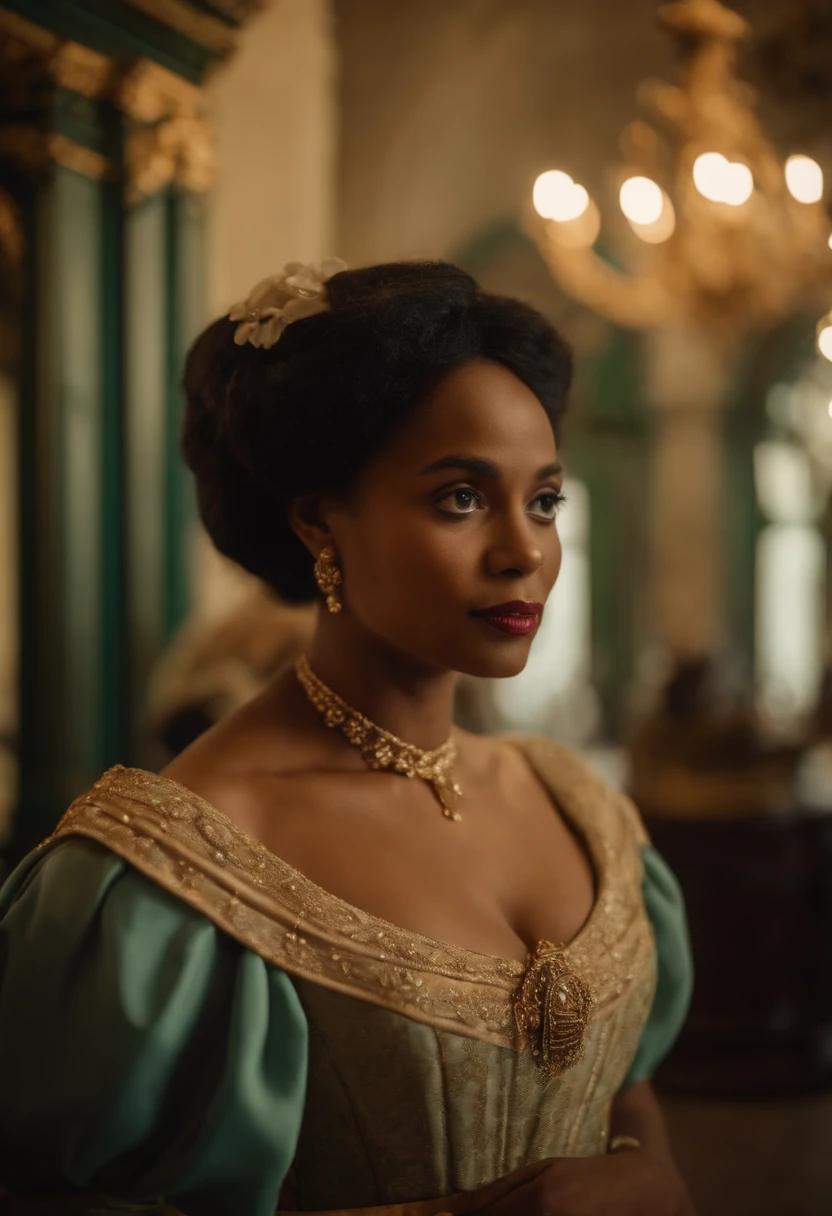 Ranavalona III , Reine de Madagascar, in a museum in 1900, at the 1900 Universal Exhibition in Paris. Image en couleur. She is amazed by the innovations and wears an elegant dress. Image Quality : 4K.