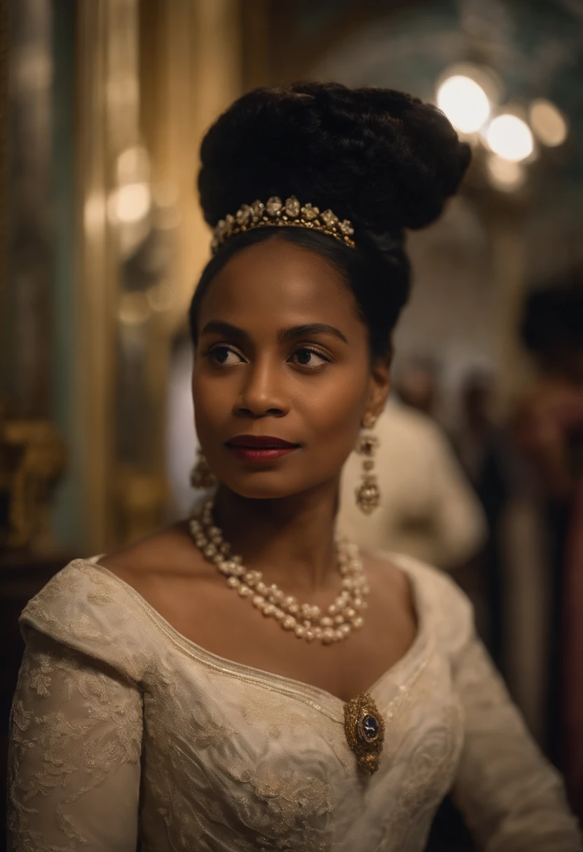 Ranavalona III , Reine de Madagascar, in a museum in 1900, at the 1900 Universal Exhibition in Paris. Image en couleur. She is amazed by the innovations and wears an elegant dress. Image Quality : 4K.