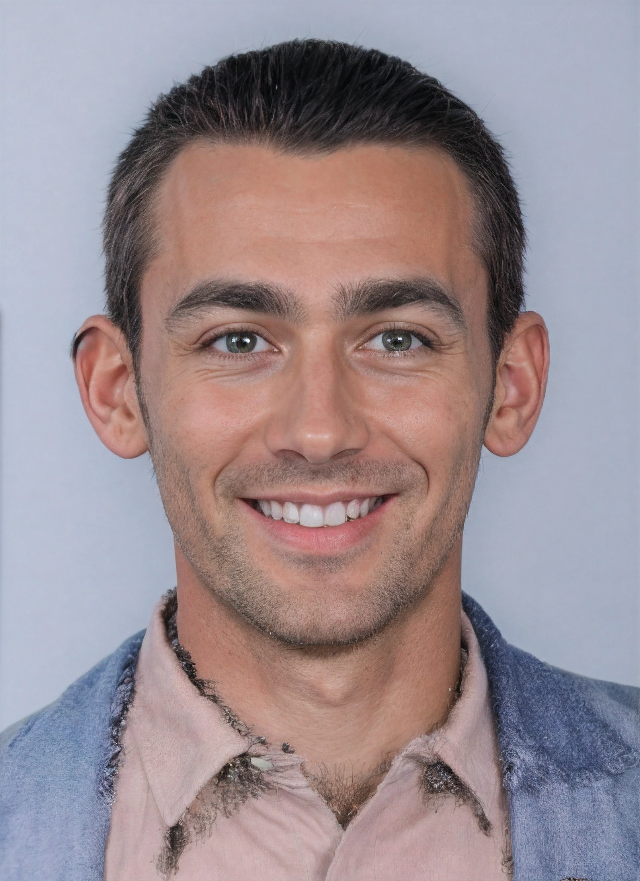 (Homem) em uma jaqueta azul e camisa rosa com uma gravata rosa, olhos verdes, cabelo preto curto, sorrindo, pele clara, raw photo, amazing photograph, best quality, 8K, high quality, Ultra detailed, (best quality), (high detailed skin, full sharp:1.2), 8k uhd, dslr, detailed face