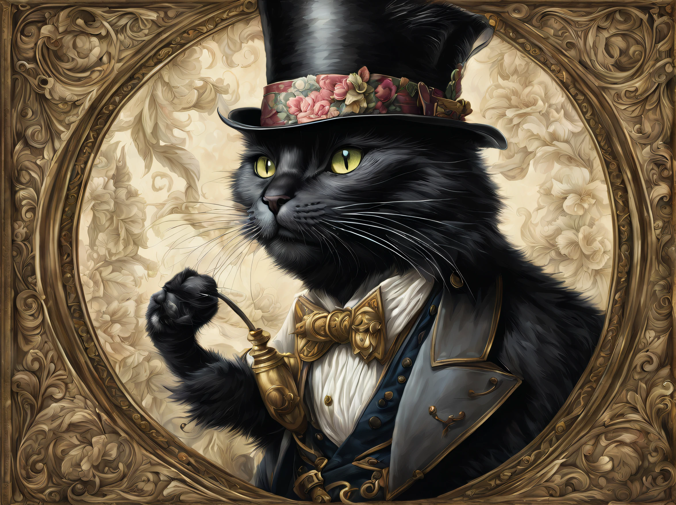 A black cat acting as a dapper and cunning magician,' elicits a highly detailed digital painting that blurs the line between reality and fantasy. The image is transformed by the artists, reminiscent of an Alice in Wonderland scene by John Tenniel, filled with intricate detailing and an unmistakable charcoal undertone. This visual should be polished with a shiny finish, vivid, lifelike, immersive and produced in highly detailed 4K UHD image format.