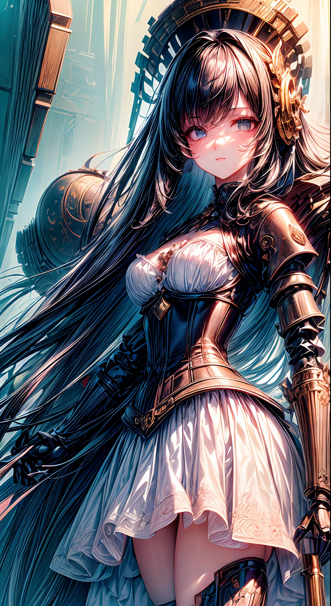 (((masterpiece)))、((top-quality))、(The ultra-detailliert)、(CG Illustration)、(Very Beautiful Little Girl))、Cinematic Light、((1 Mechanical Girl))、 scientific fiction、Apocalypse、Erotic grotesque、(Beautiful and indulgent:1.2)、(1girl in:1.3)、Facing the front,Corset Belt,a miniskirt,