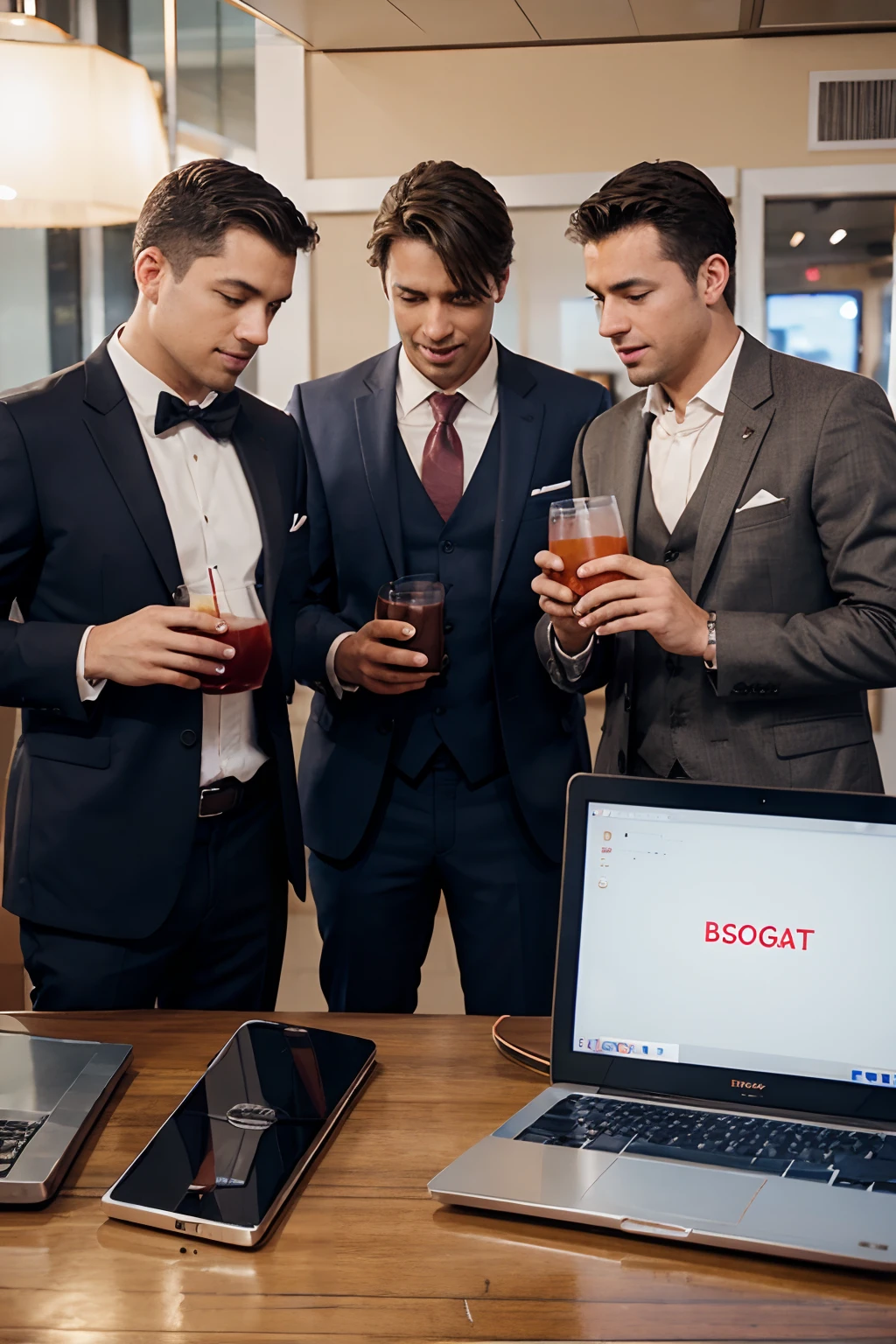 three guys testing out slots on laptop with drinks in suits