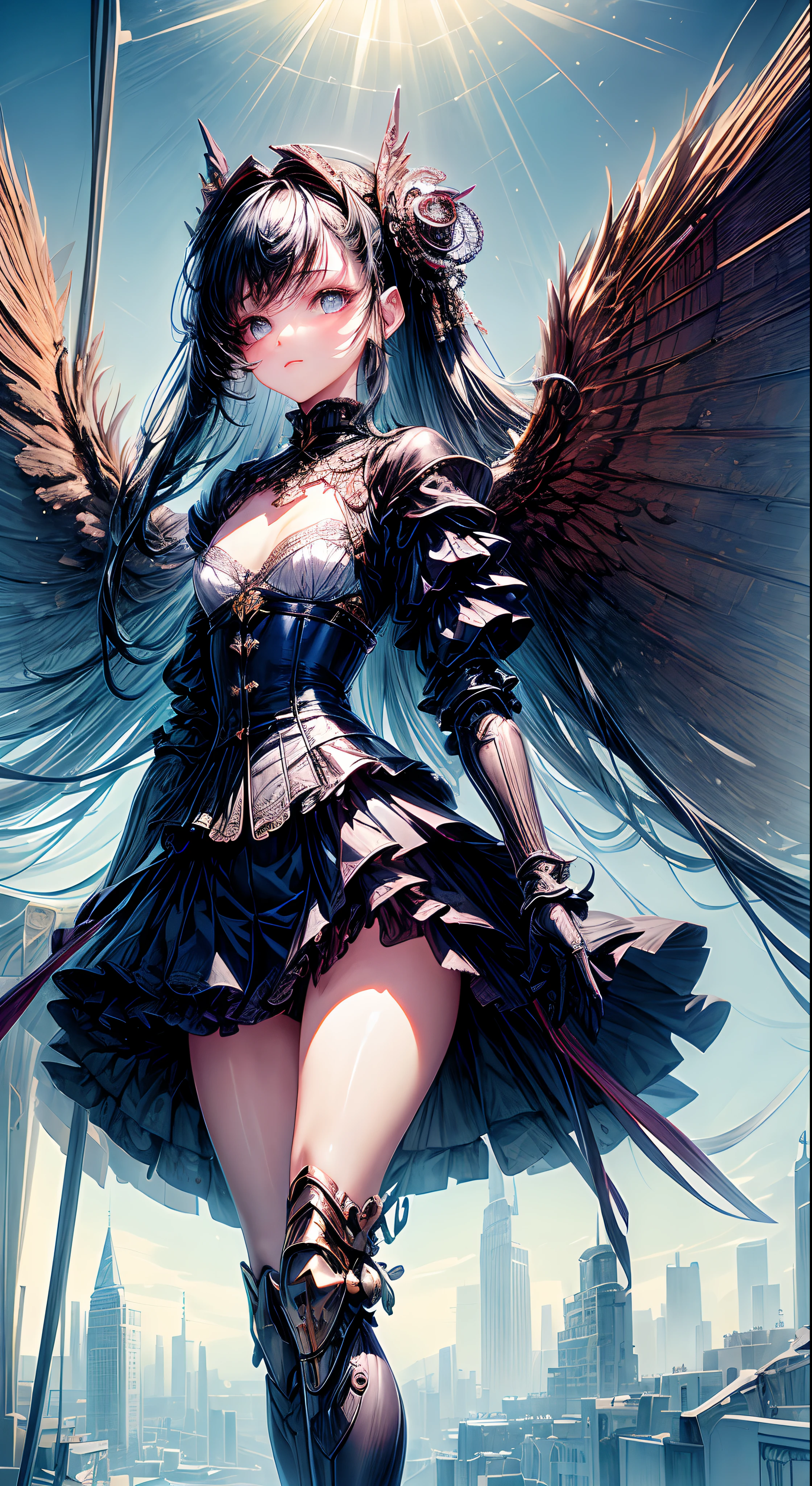 (((​masterpiece)))、((top-quality))、(The ultra-detailliert)、(CG Illustration)、(Very Beautiful Little Girl))、Cinematic Light、((1 Mechanical Girl))、 scientific fiction、Apocalypse、Erotic grotesque、(Beautiful and indulgent:1.2)、(1girl in:1.3)、Facing the front,Corset Belt,a miniskirt,