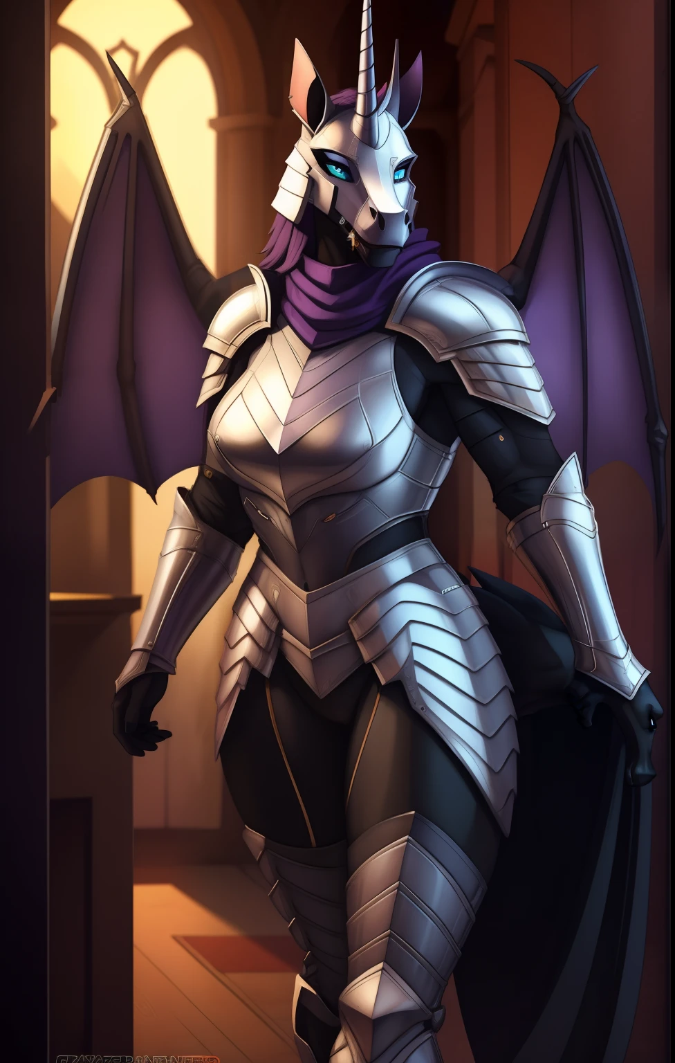 Tall_lanky_muscular_mature_unicorn female dark_purple_mane black_furry_body teal_eyes slit_pupils majestic solo Masterpiece best_quality absurdres highly_detailed silver_heavy_plate_armor silver_helmet cleanly_drawn_eyes fangs bat_wings purple_eyeshadow horse_snout anthro_only by_claweddrip, by_greasymojo, by_underscore-b, by_runawaystride