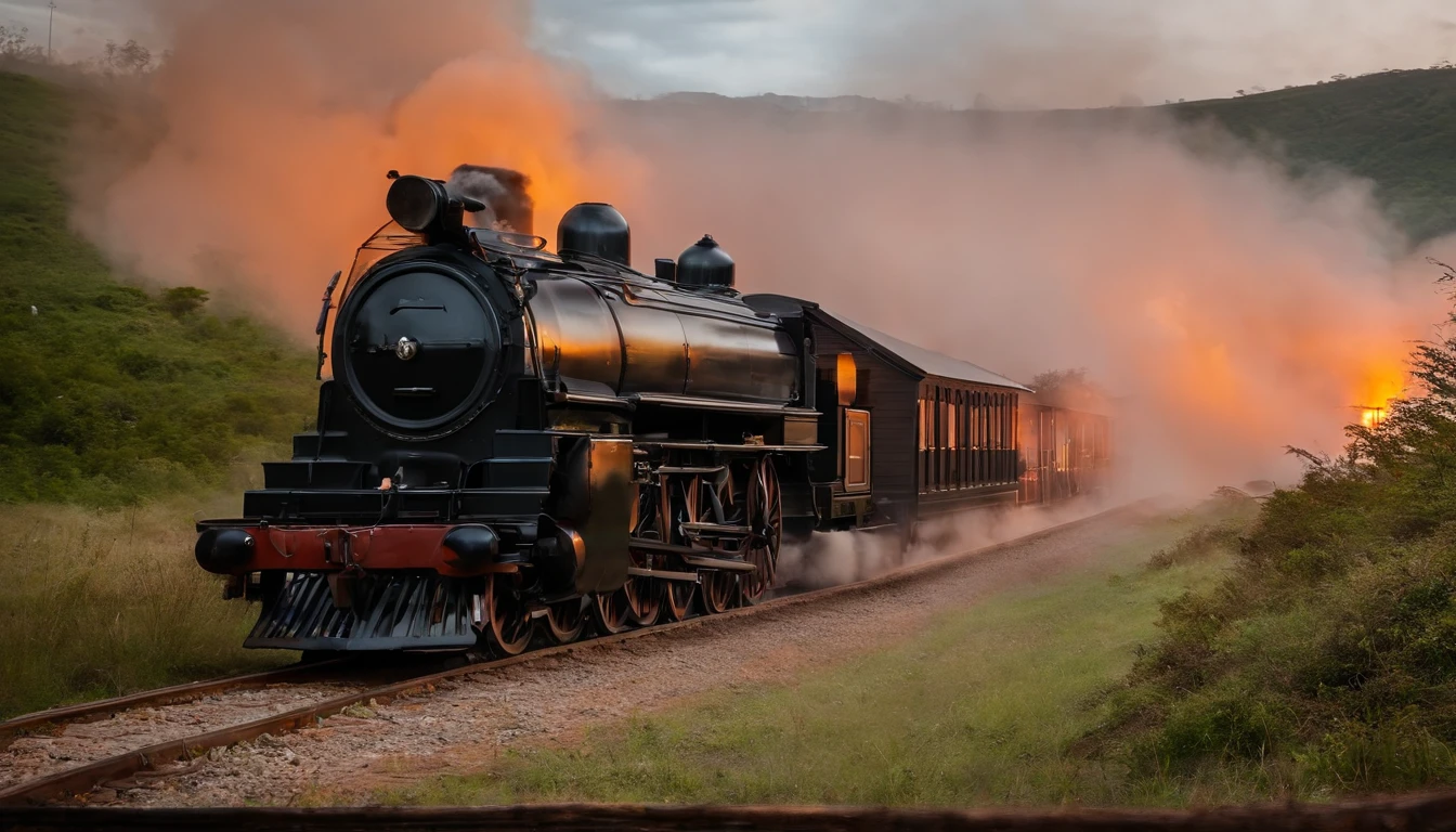 (warm clouds), locomotive, train, illustration, a lot of drama