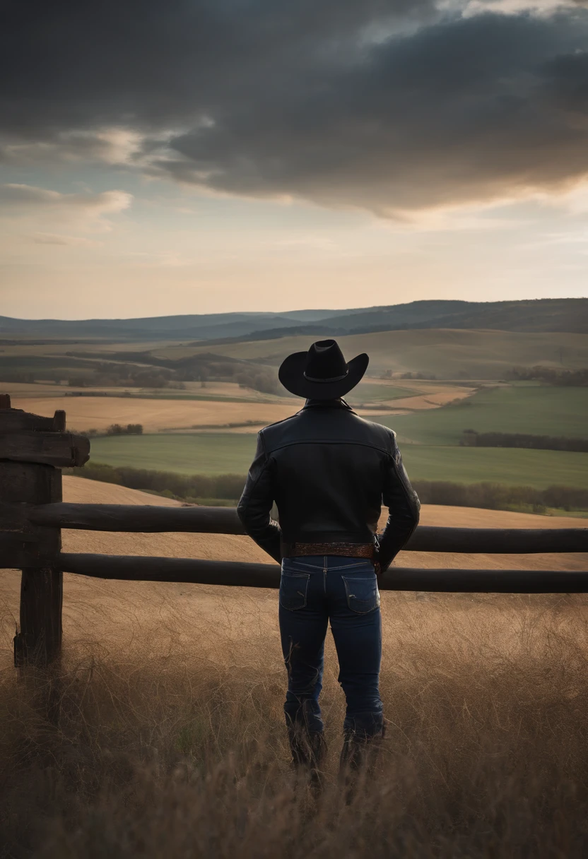 Cowboy with black leather jacket and hat on head looking at the horizon on farm ultra realistic image, ultra hd, 8k , foco nitido, fujifilm xt3
