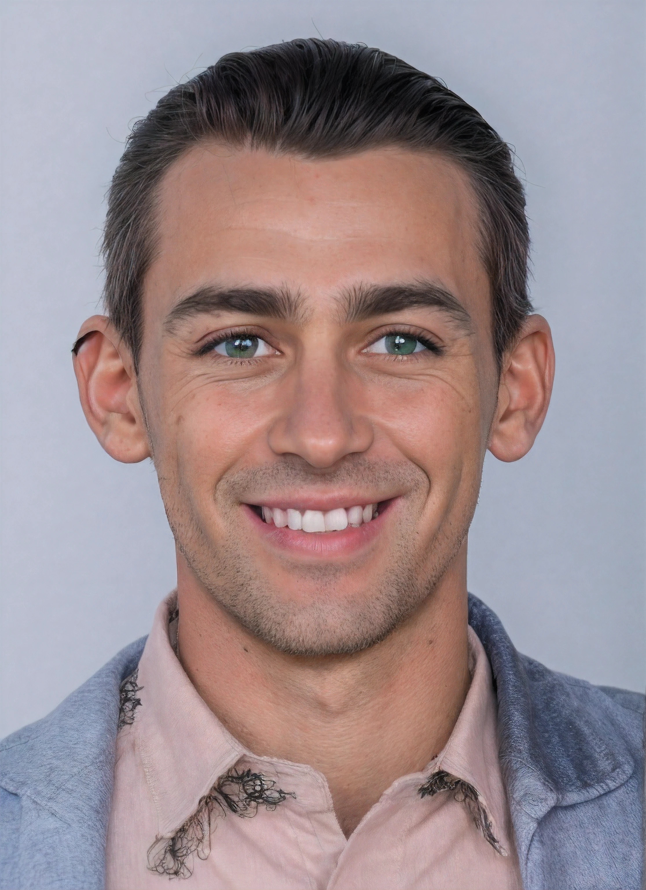 (Homem) em uma jaqueta azul e camisa rosa com uma gravata rosa, olhos verdes, cabelo preto curto, sorrindo, pele clara, raw photo, amazing photograph, best quality, 8K, high quality, Ultra detailed, (best quality), (high detailed skin, full sharp:1.2), 8k uhd, dslr, detailed face