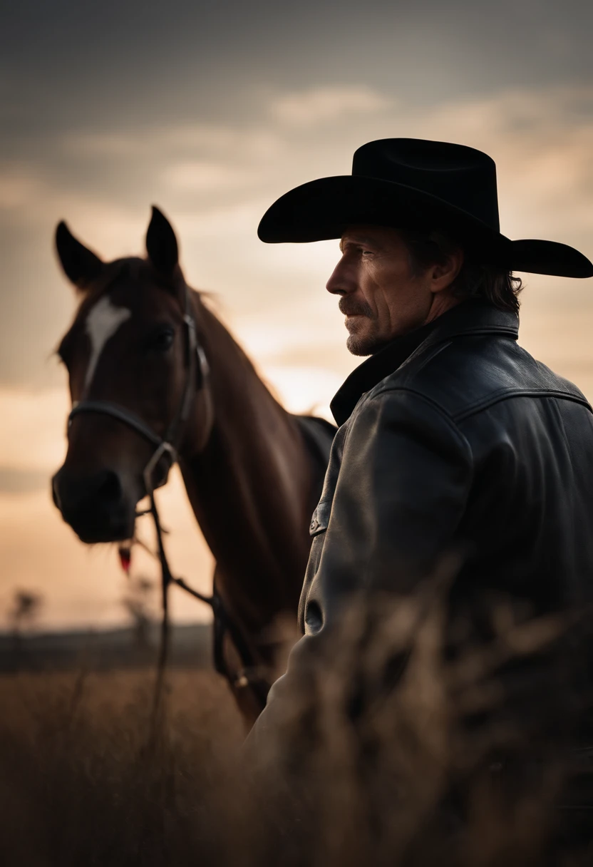 Cowboy with black leather jacket and hat on his head looking at the horizon showing face profile on farm, imagem ultra realista, ultra hd, 8k , foco nitido, fujifilm xt3