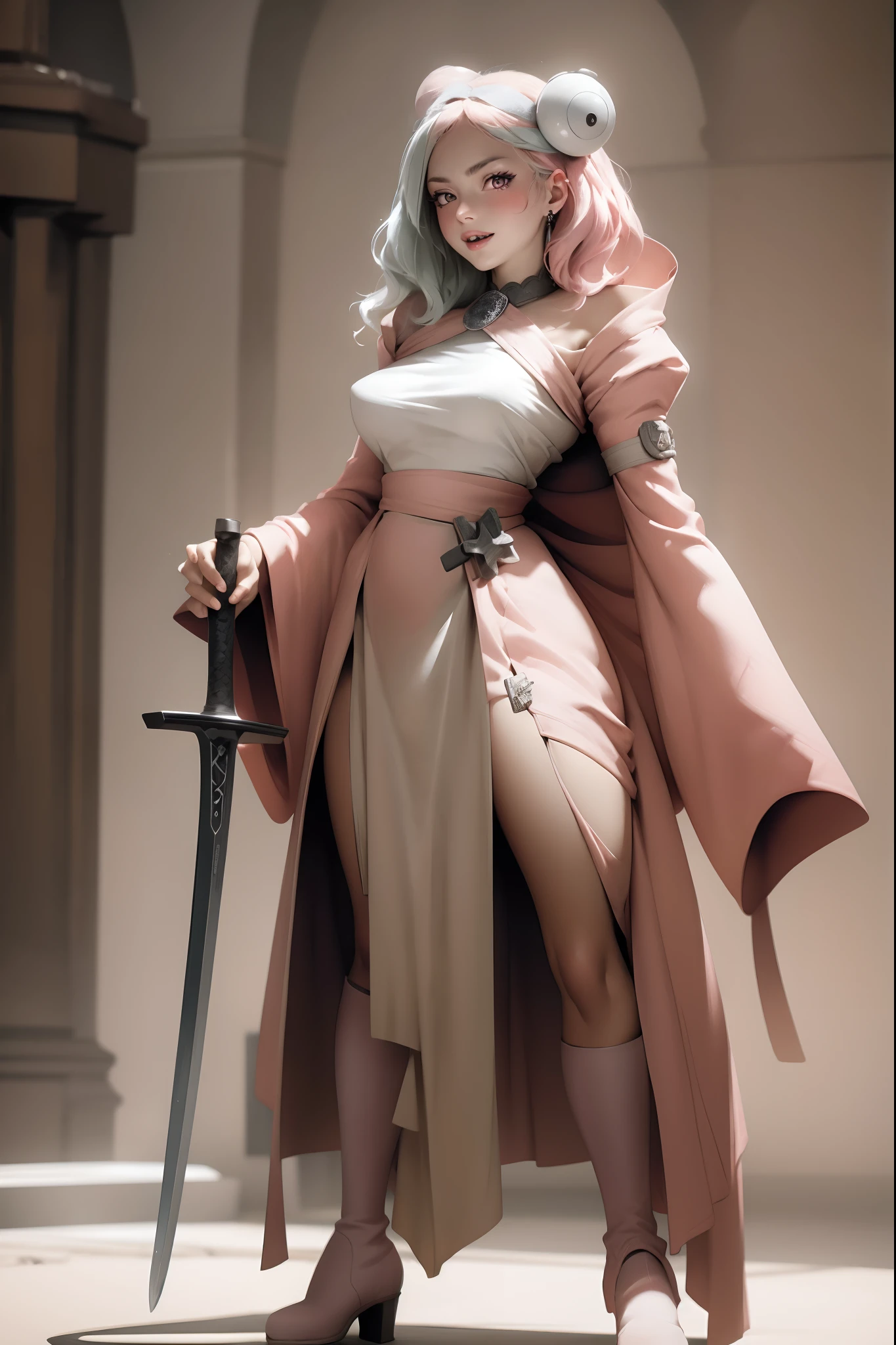 (best quality,4k,highres,masterpiece:1.2),ultra-detailed,,physically-based rendering, HDR,studio lighting,portrait,pink toned,soft lighting,woman in medieval clothes,1 girl,pink eyes,beautiful detailed eyes,beautiful detailed lips,long eyelashes,smile,open mouth,fangs,indoors,woman in medieval clothes,solo,full body,standing posture,holding a sword,medium breast size,boots,skirt