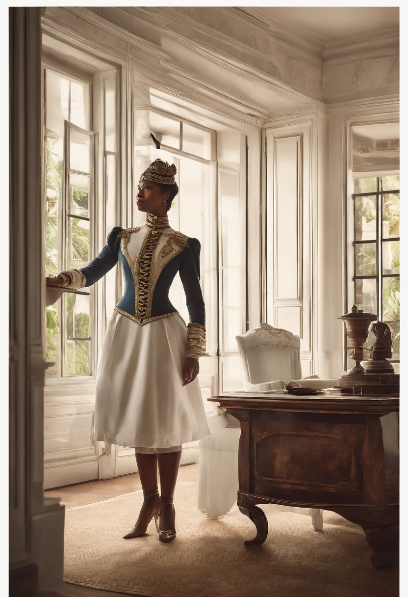 Ranavalona III , Queen of Madagascar, blasian, and Gallieni old General French colonist, white skin, in an elegant office. Gallieni talk to Ranavalona, who seems interested but wary. Image quality: 4K