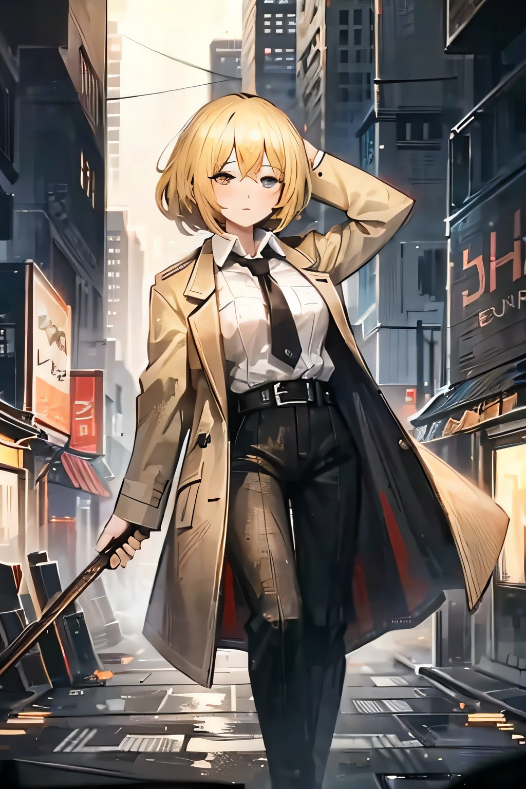 a 1girl, blond hair, square, light hazel eyes, rumpled white shirt, brown coat, black pant, against the backdrop of the city, petite physique