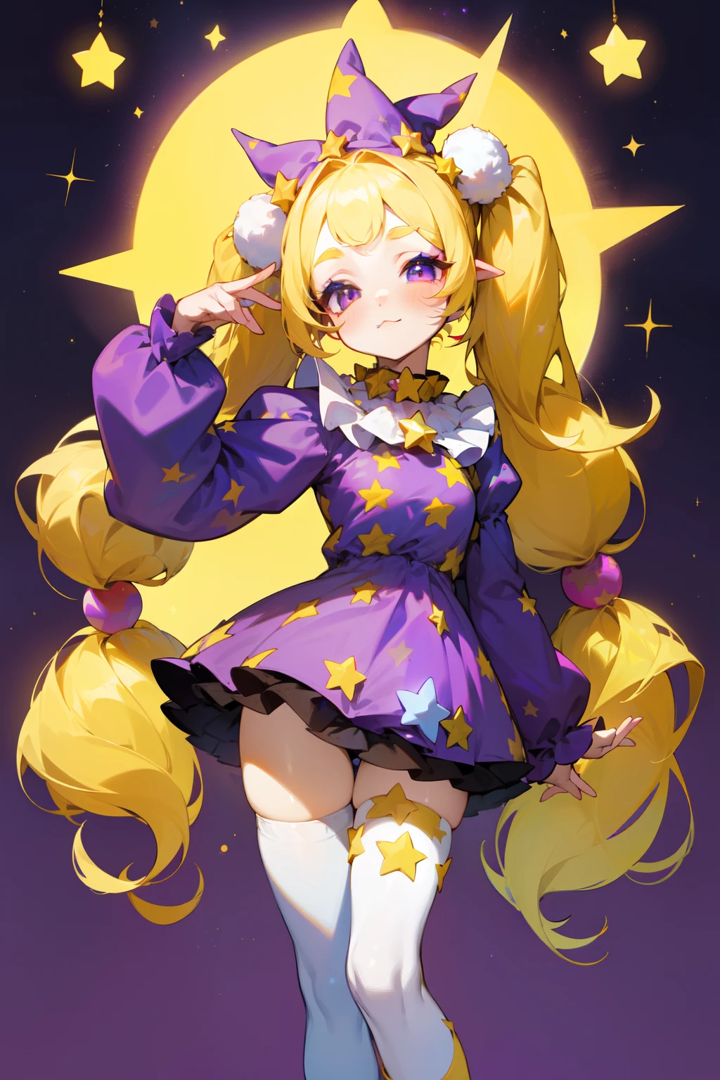 1GIRL, CLOWN OUTFIT, CIRCUS ATTIRE, STARS, MULTICOLOR, FLUFFY HAIR, MAKEUP Character design sheet of a astronomical clown girl, finely detailed, (best quality), (intricate details), multicolored, ((long blonde hair - moon shaped pigtails)), best quality, ((short puffy long sleeve clown dress)), ((purple dress with yellow stars)), ((white ruff clown collar)), ((thigh high socks - socks are white with yellow stars)), ((round eyes)), beautiful face, cute face, pinup, sleepy look, tired face, perfect face, twinkle background