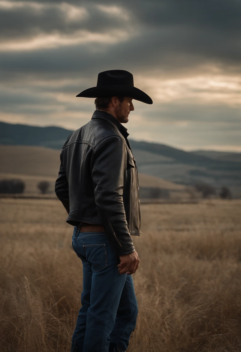 Cowboy with black leather jacket and hat on his head looking at the horizon showing face profile on farm, imagem ultra realista, ultra hd, 8k , foco nitido, fujifilm xt3