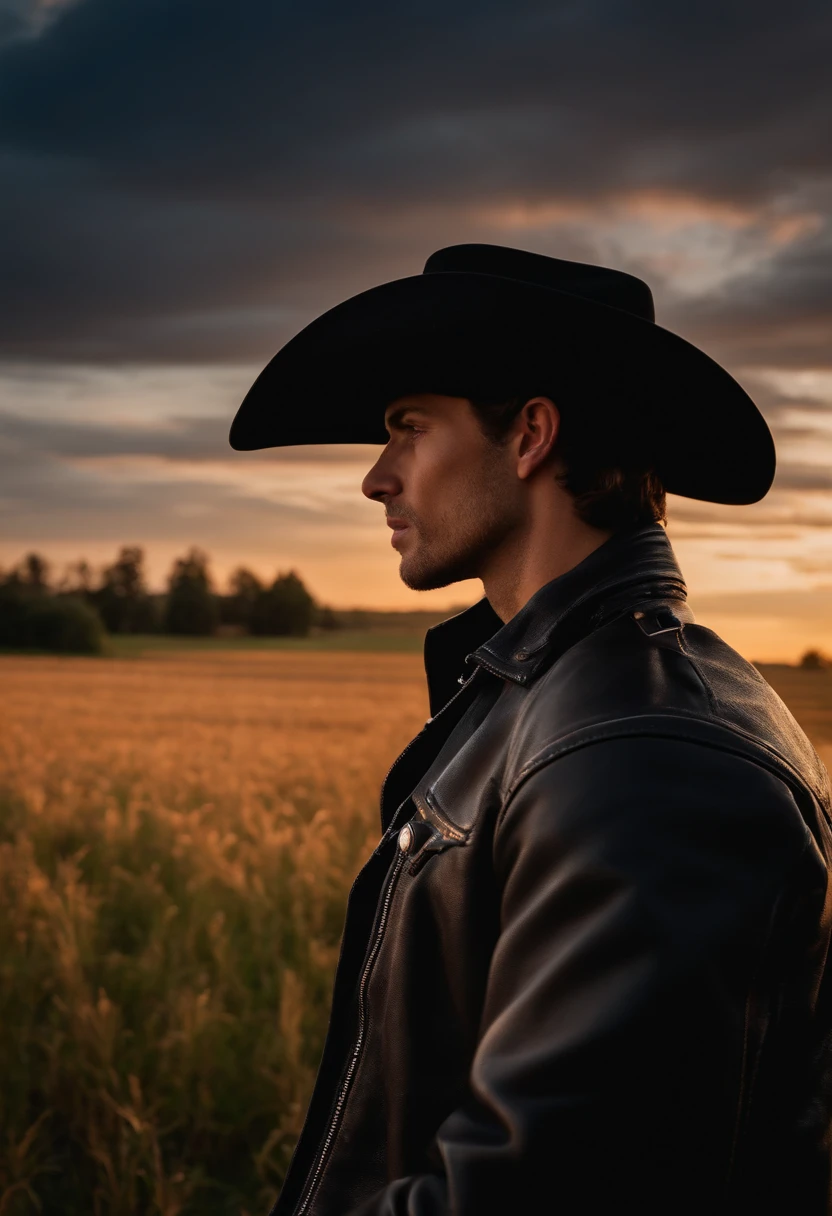 Handsome young cowboy with black leather jacket and hat on head looking at horizon showing face profile on farm at sunset, imagem ultra realista, ultra hd, 8k , foco nitido, fujifilm xt3
