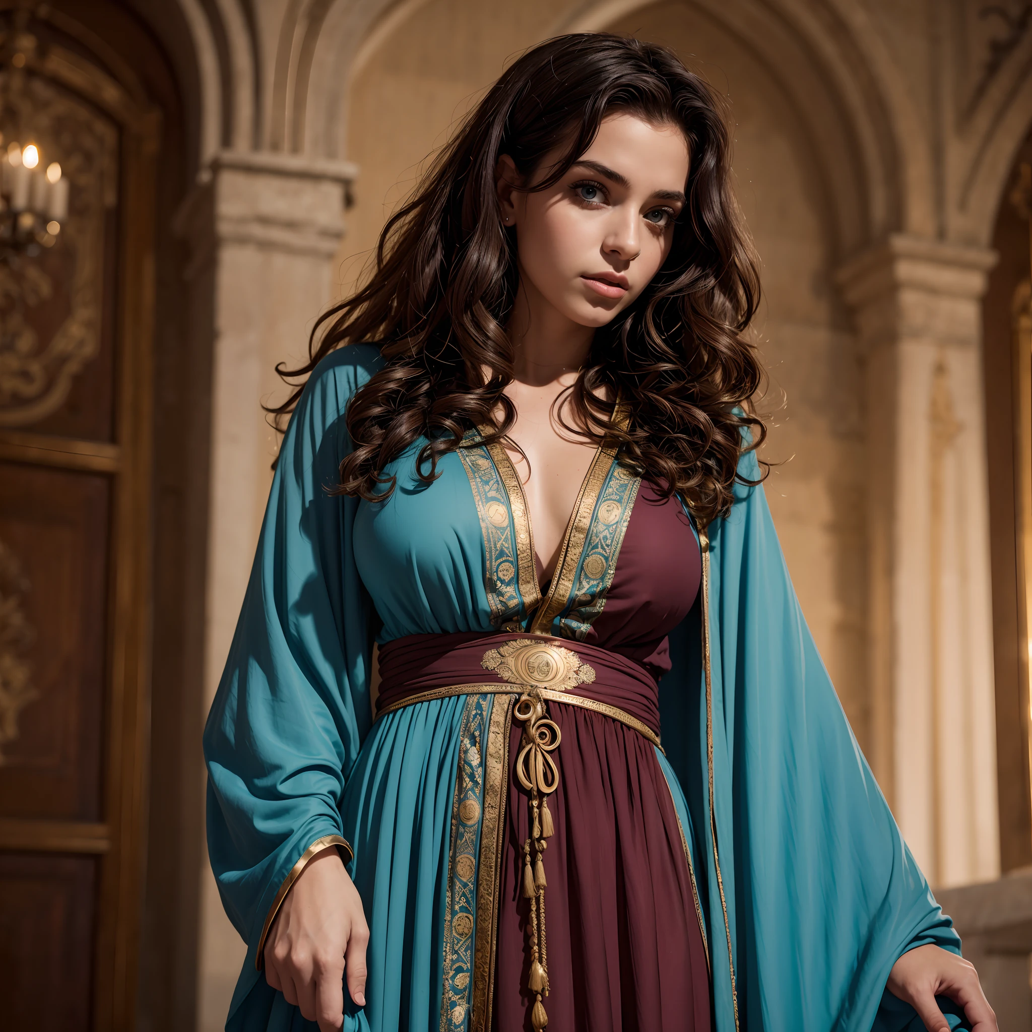 Photo brute, femme 25 ans, Image up to the size in the center of the composition, ((long,rouger, curly hair)), yeux bleus, hautain, salope, arrogant, embroidered with gold from the early Middle Ages (Dark Red Moroccan Kaftan Dress) avec long, grand, Manches droites spacieuses, in a medieval castle, blurred background, 8K UHD, dim lighting, hiquality, grain du film, Fujifilm XT3