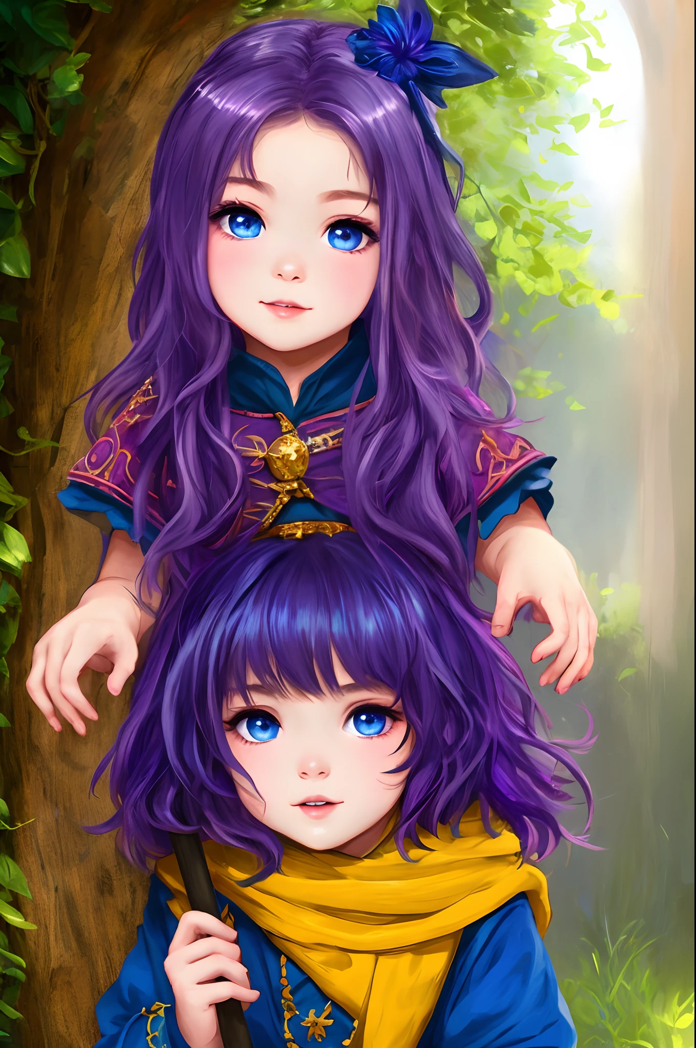 Wild magic sorcerer purple haired blue-eyed young noble happy cute rich