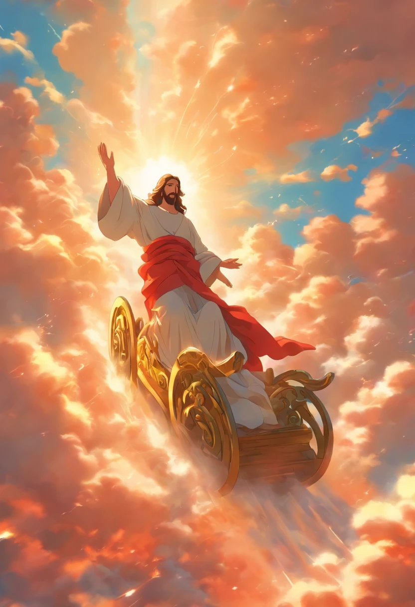 A painting of Jesus riding a chariot in heaven, carruagem, epic biblical representation, Directed by: Cheng Zhengkui, epic oil painting, Directed by: Konrad Klapheck, the wise man is riding on top, Directed by: Shen Che-Tsai, Rob Rey, Hora do Pai, Directed by: Grzegorz Domaradzki, Directed by: Laszlo Balogh