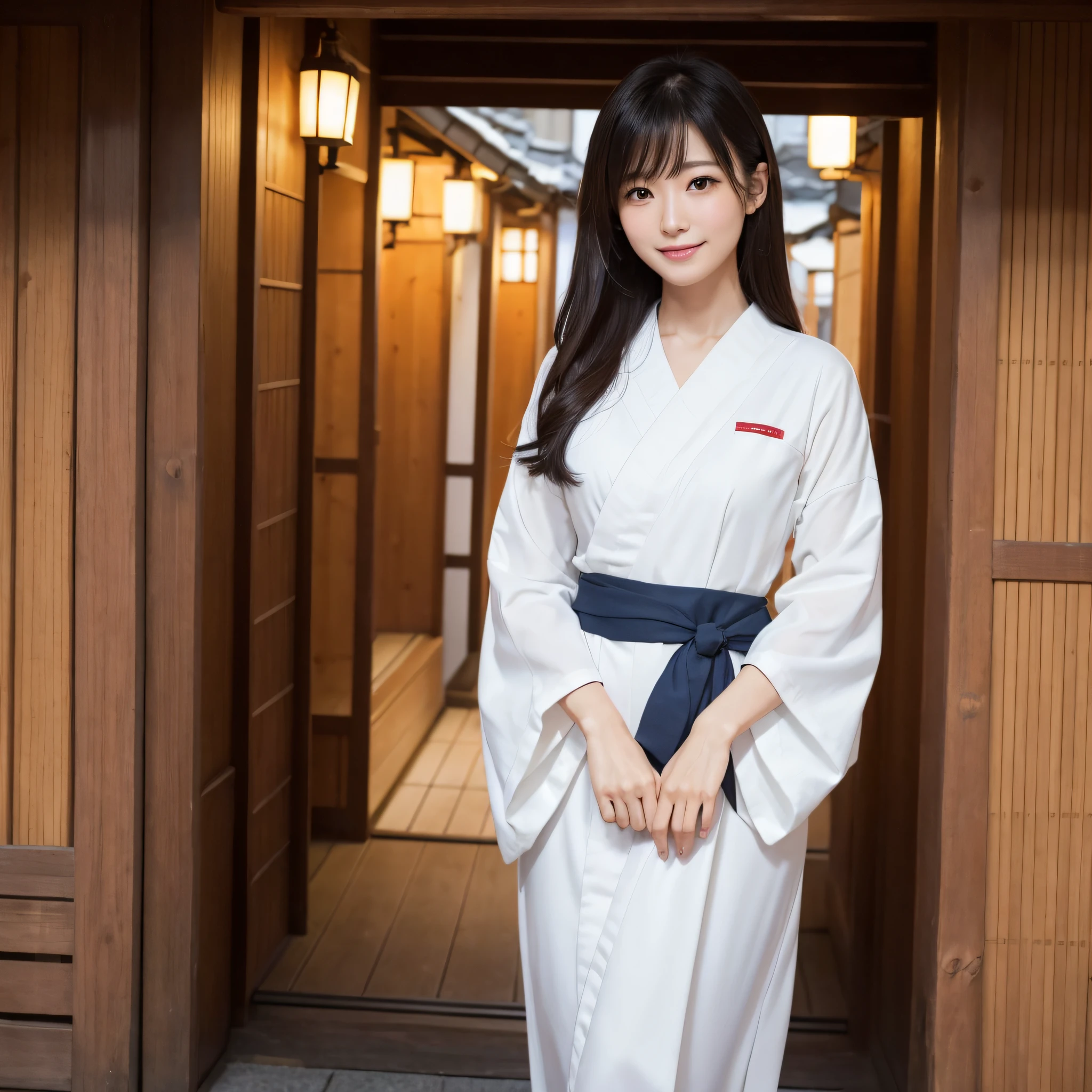 Beautiful woman in neat Japanese clothes、((best qualtiy、8k masterpieces:1.3))、foco nítido:1.2、(ultra beautiful faces:1.0)、(shinny skin:1.0)、photos realistic、A dark-haired、Video Lighting、High-definition eyes and face、Video Lighting、Japan Idol Actress、from the front side、medium breasts、Smile、Slender Abs Beauty、Whole body、In Gion