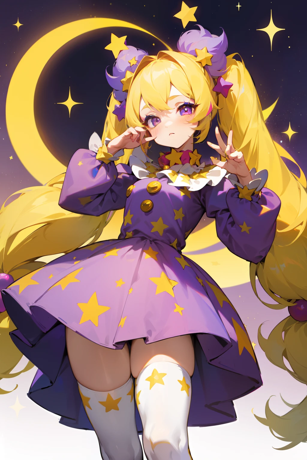 1GIRL, CLOWN OUTFIT, CIRCUS ATTIRE, STARS, MULTICOLOR, FLUFFY HAIR, clown makeup, Character design sheet of a astronomical clown girl, finely detailed, (best quality), (intricate details), multicolored, ((long blonde hair - moon shaped pigtails)), best quality, ((short puffy long sleeve clown dress)), ((dark slate blue dress with yellow stars)), ((white ruff clown collar)), ((thigh high socks - both socks are white with yellow stars)), ((round eyes)), beautiful face, cute face, pinup, sleepy look, tired face, perfect face, twinkle background